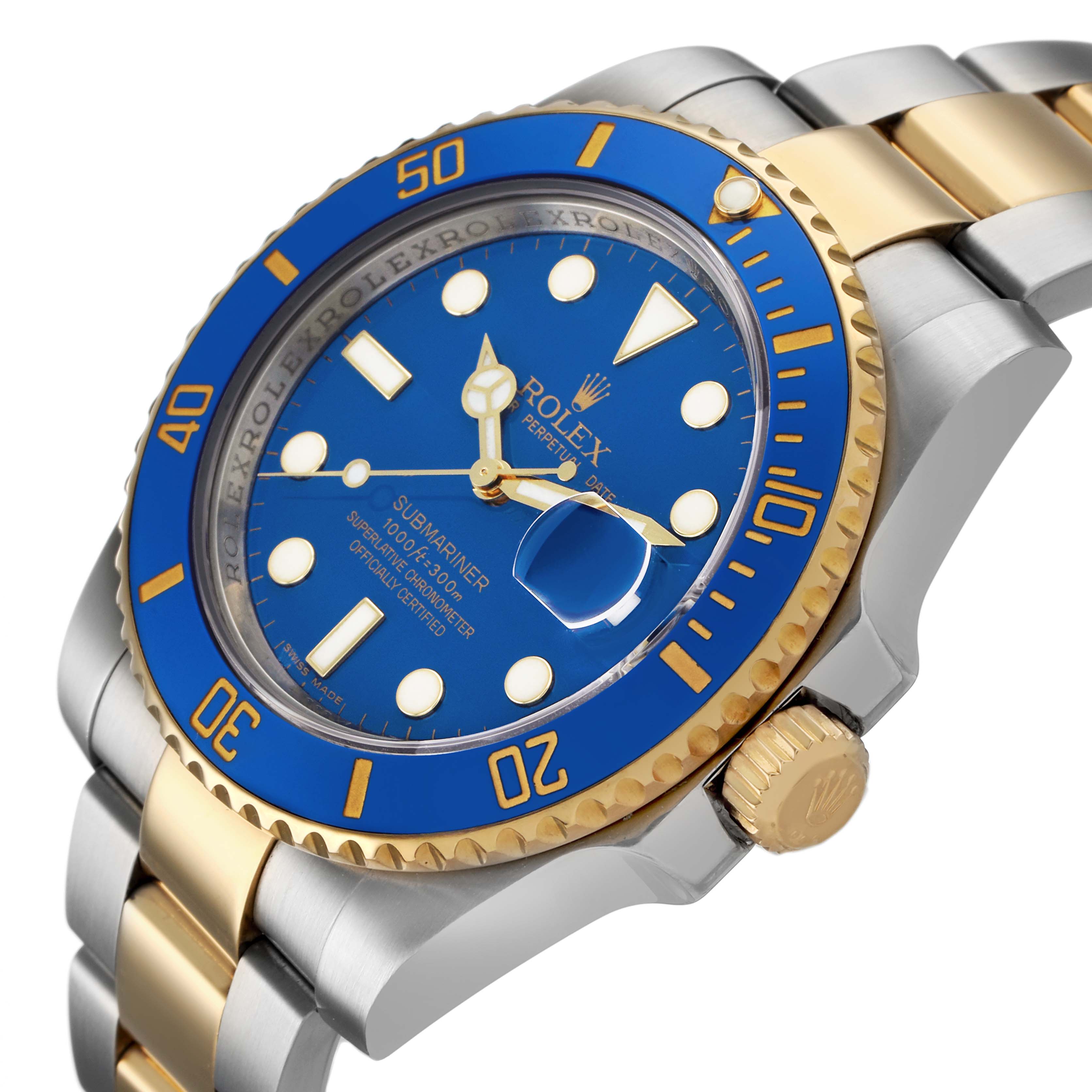 The image shows a close-up, angled view of a Rolex Submariner 116613 Men's Steel and Gold (two tone) Blue Dial watch, highlighting the blue dial, bezel, and part of the bracelet.