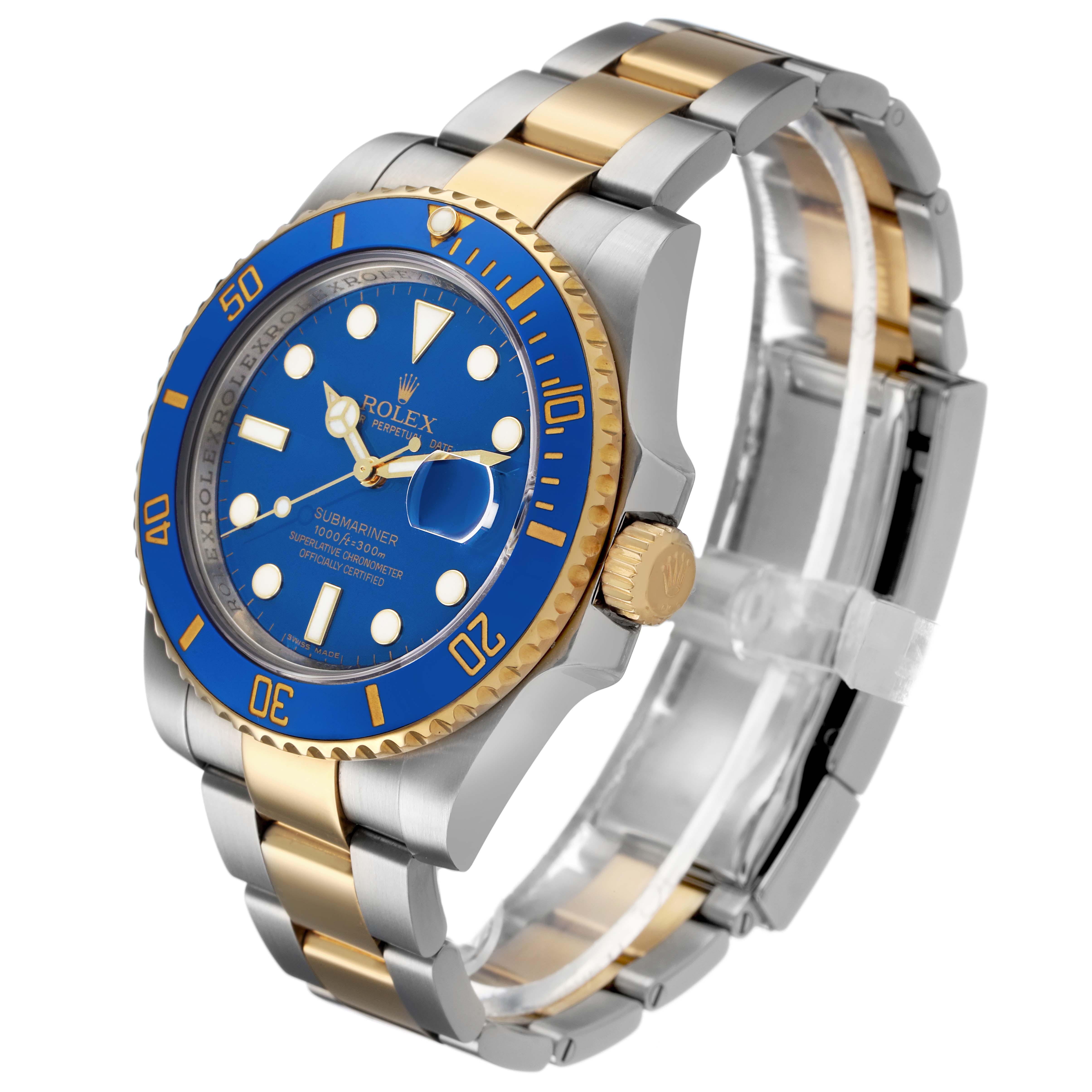 The Rolex Submariner 116613 Men's Steel and Gold (two tone) Blue Dial watch is shown at a slight angle, highlighting the face, bezel, and two-tone bracelet.