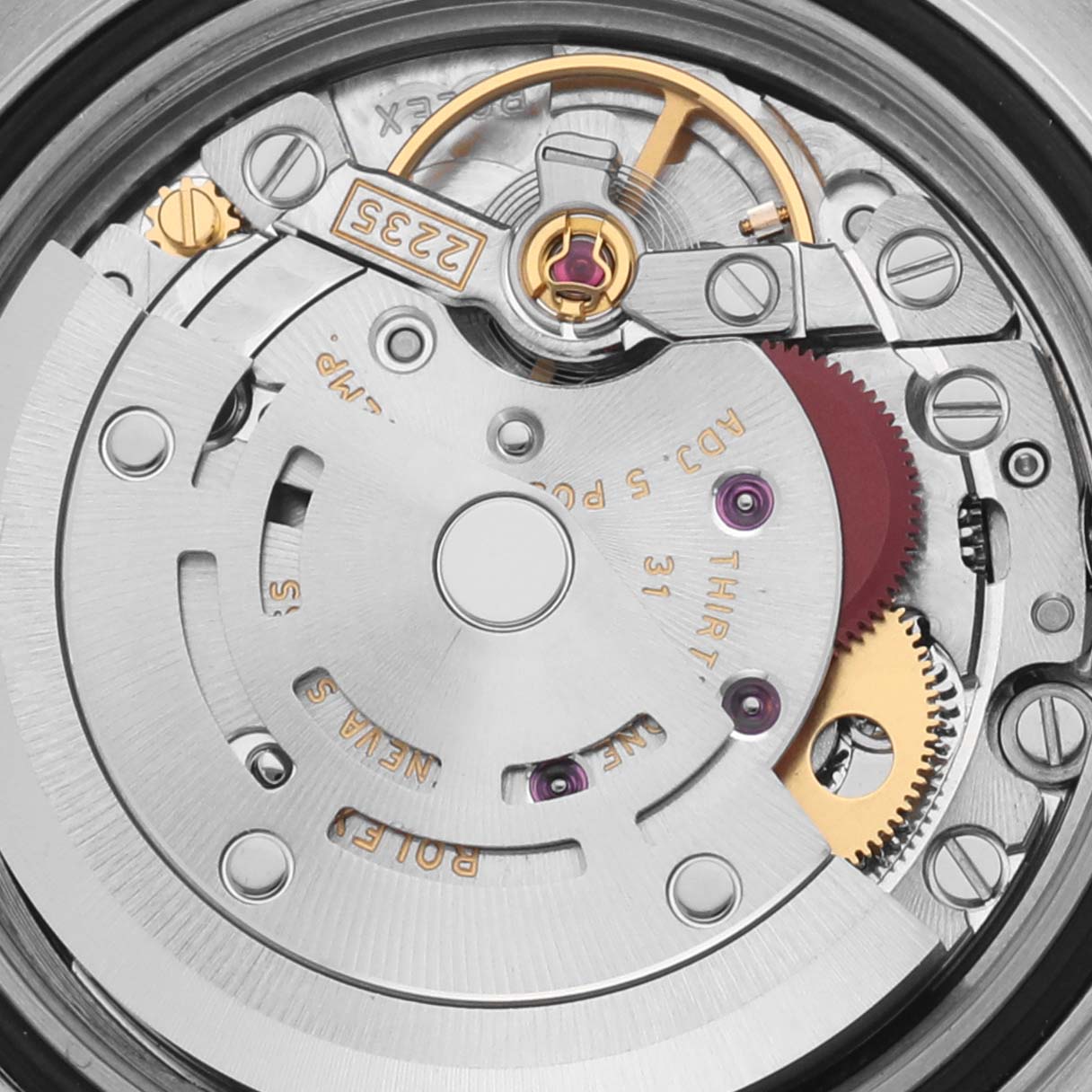 The image shows the Rolex Yacht-Master 169622 Women
s Stainless Steel Silver Dial 169622 Women
s Stainless Steel Silver Dial watch movement from a top view, highlighting gears and intricate components.