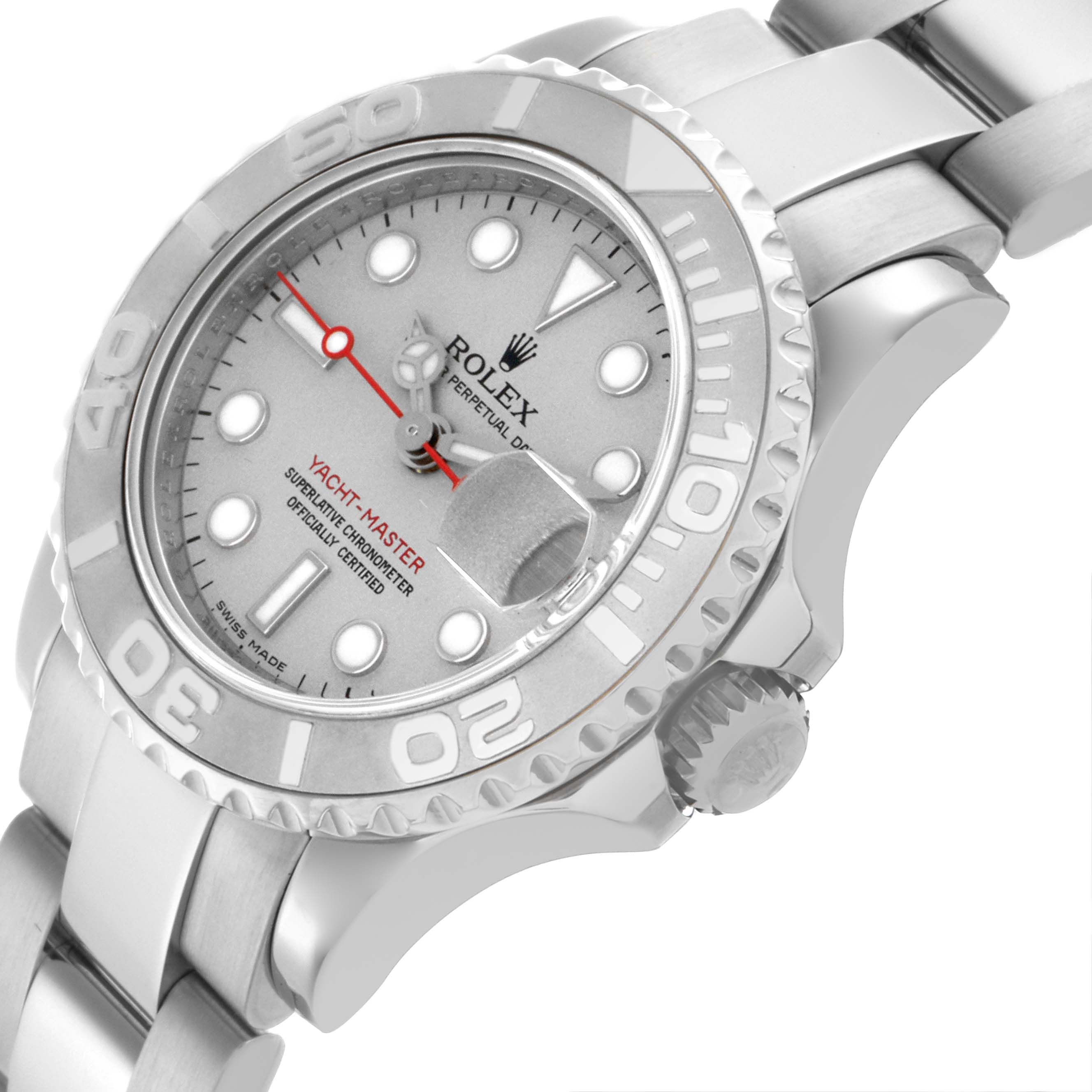The Rolex Yacht-Master 169622 Women
s Stainless Steel Silver Dial 169622 Women
s Stainless Steel Silver Dial watch is shown at a tilted angle, highlighting its silver dial, bezel, and bracelet.