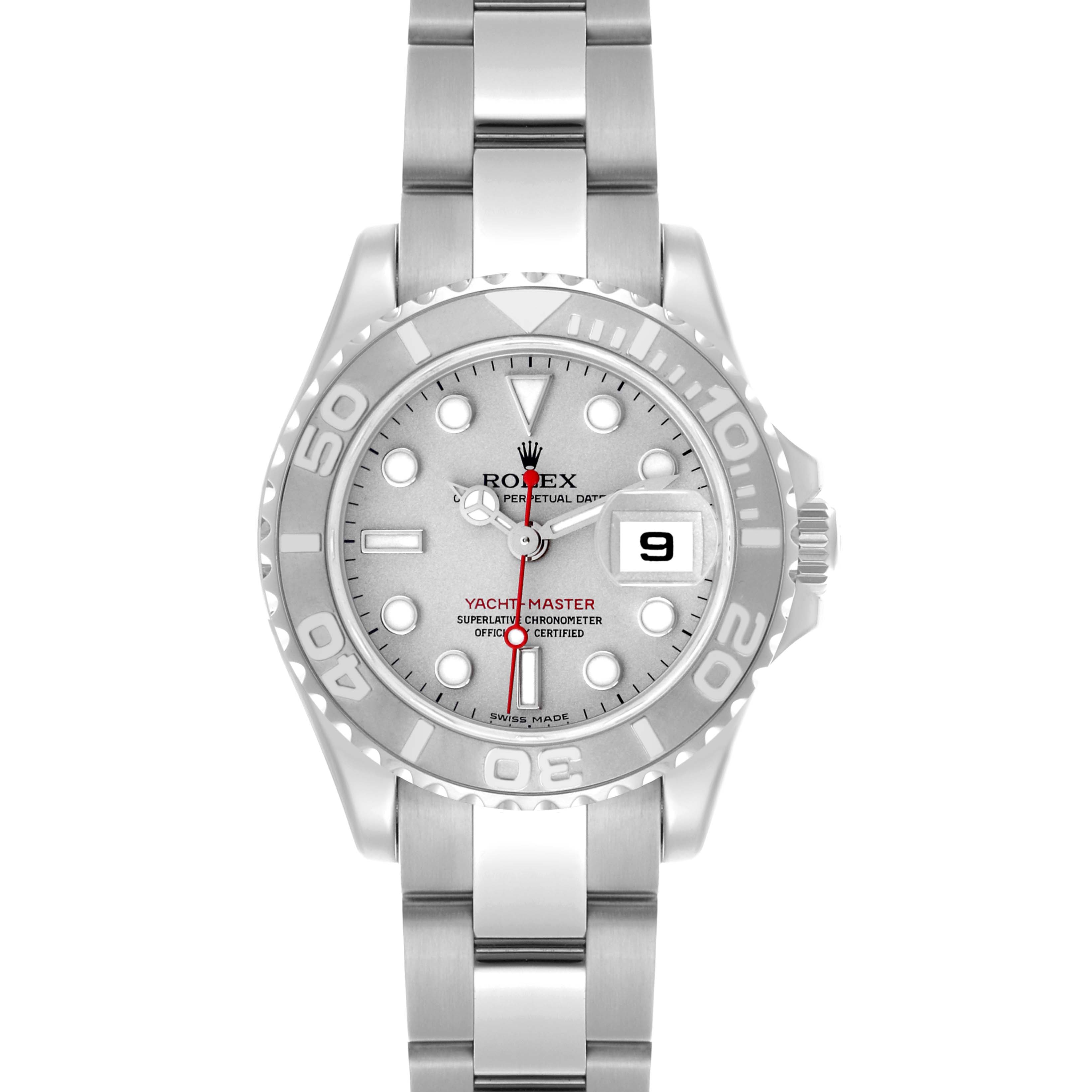 The Rolex Yacht-Master 169622 Women
s Stainless Steel Silver Dial 169622 Women
s Stainless Steel Silver Dial watch is shown from a front angle, displaying the dial, bezel, and bracelet.