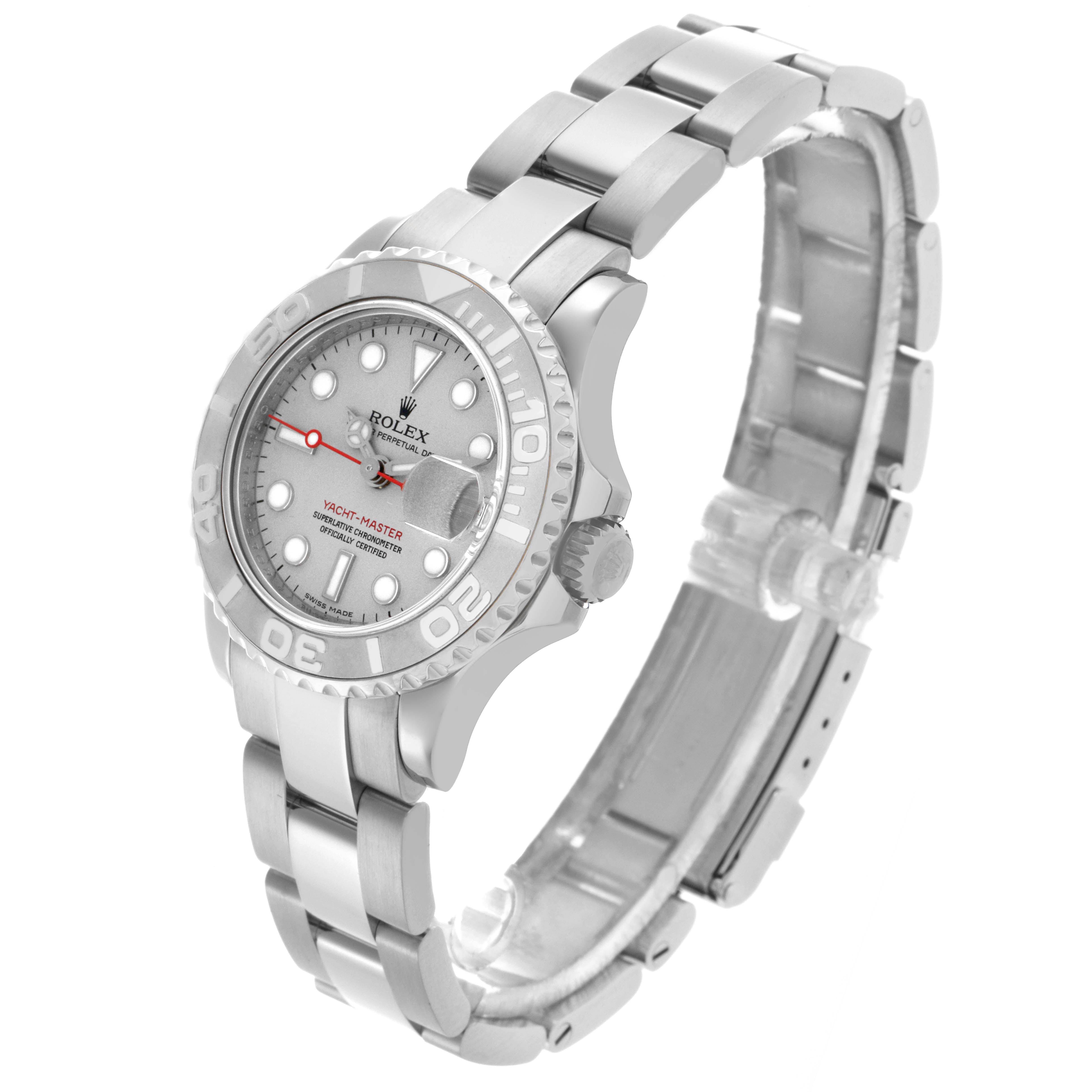 The Rolex Yacht-Master 169622 Women
s Stainless Steel Silver Dial 169622 Women
s Stainless Steel Silver Dial is shown at a three-quarter angle, displaying the dial, bezel, crown, and bracelet.