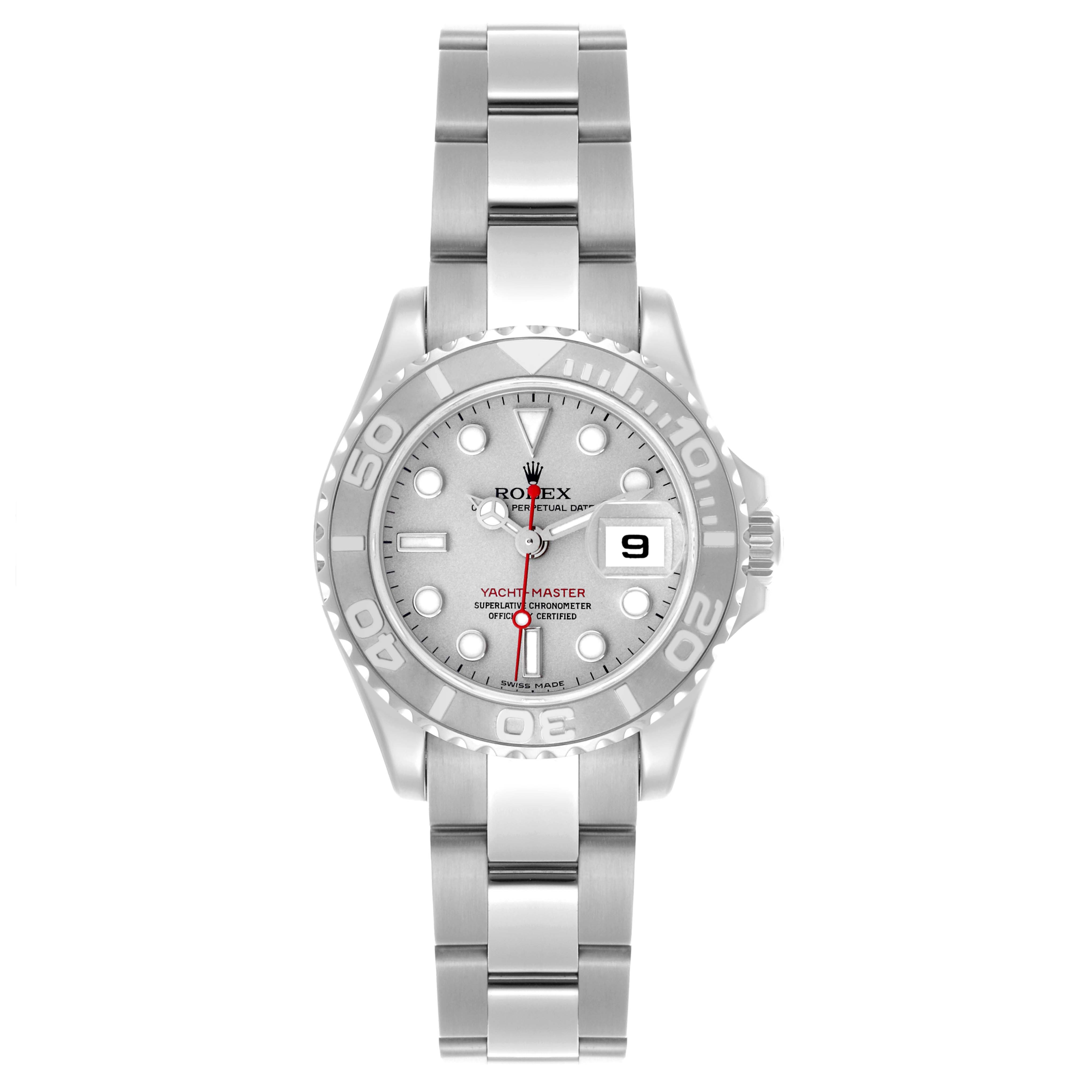 The Rolex Yacht-Master 169622 Women
s Stainless Steel Silver Dial 169622 Women
s Stainless Steel Silver Dial watch is shown from a top-down angle, displaying the dial, bezel, and bracelet clearly.