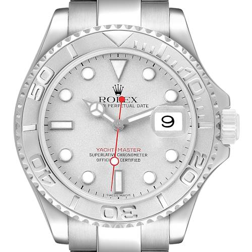 The Rolex Yacht-Master 16622 Men's Stainless Steel Silver Dial watch is shown from the front, displaying its bezel, dial, hands, and date window.