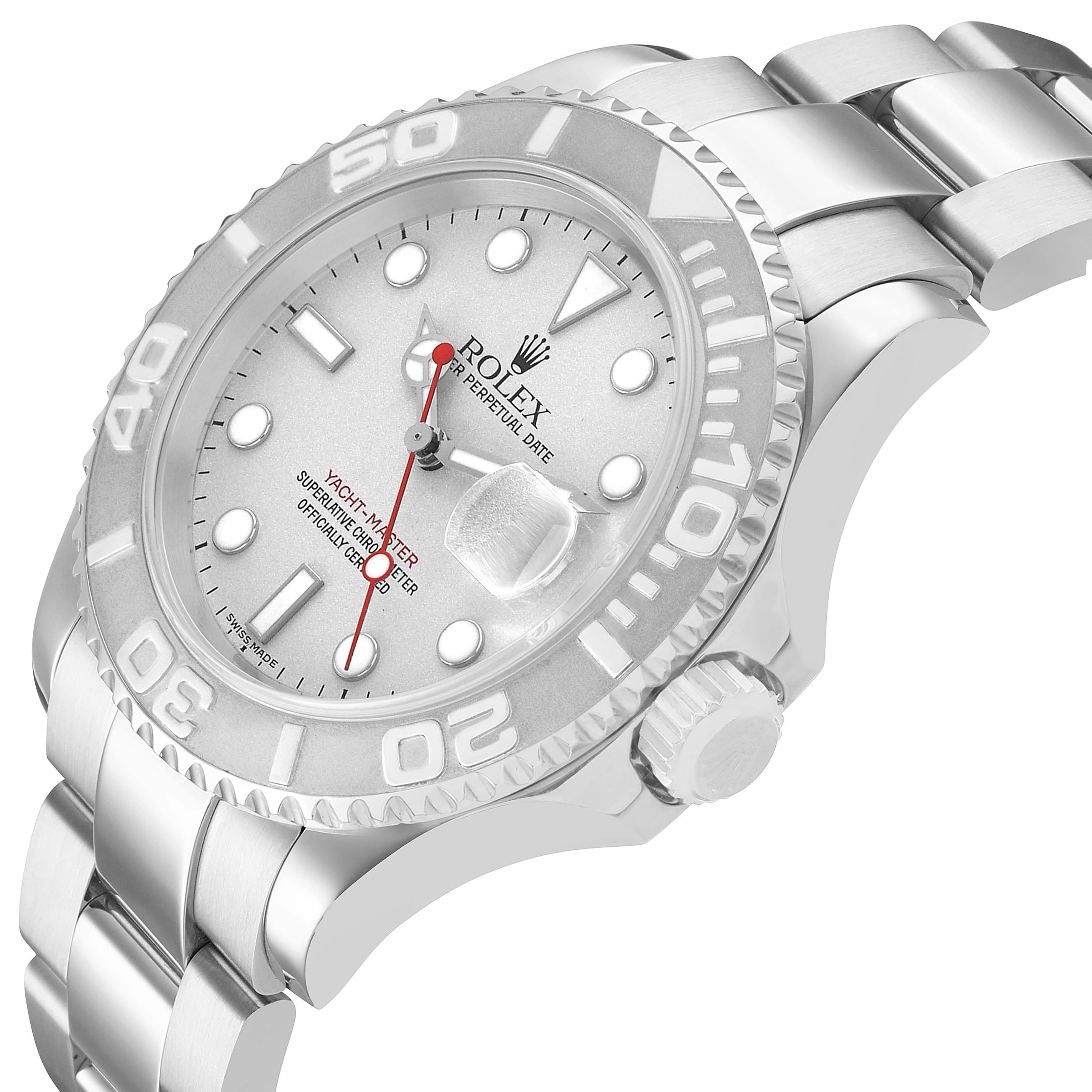 The Rolex Yacht-Master 16622 Men's Stainless Steel Silver Dial watch is shown from a three-quarter angle, highlighting the face, bezel, crown, and part of the bracelet.