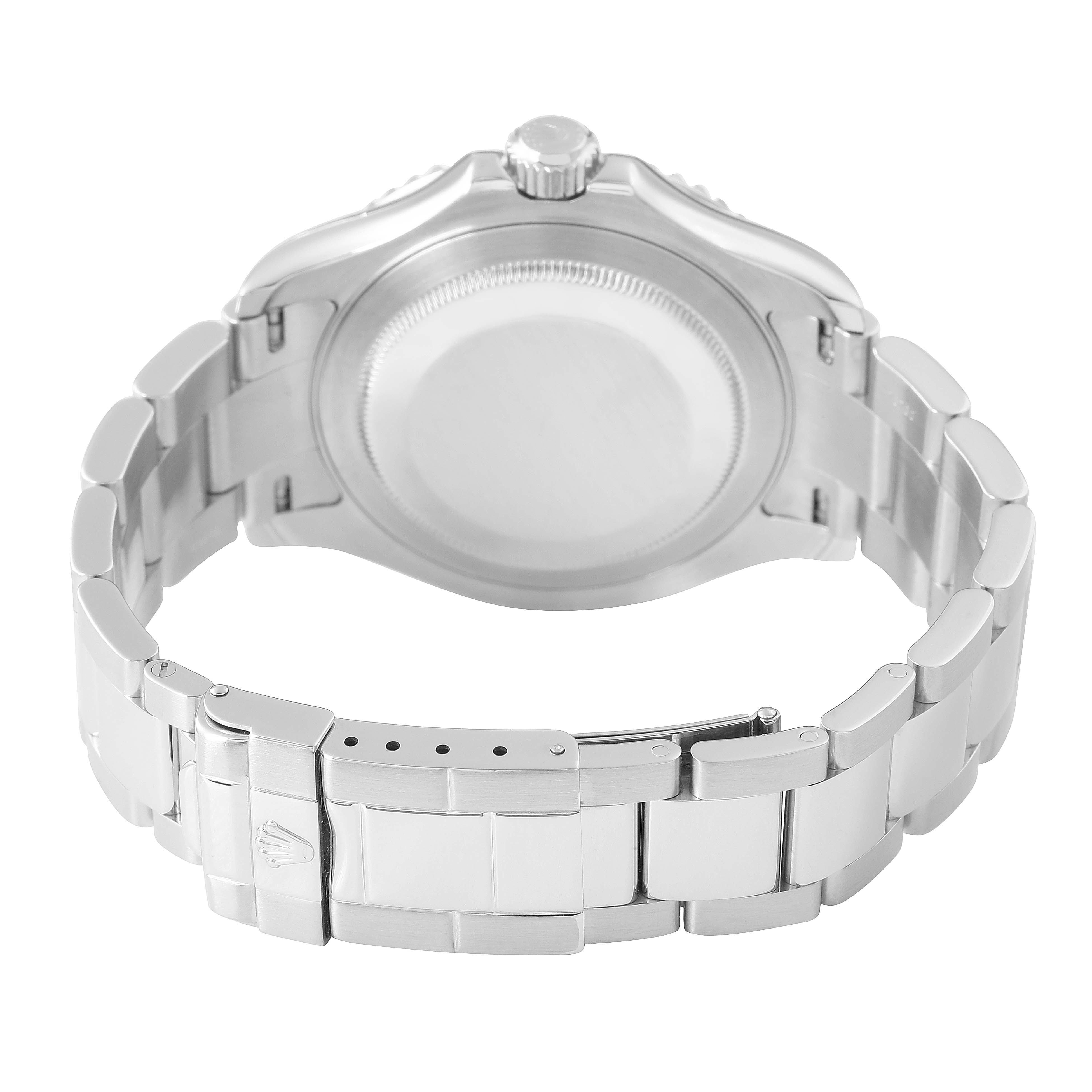 This image shows the back of a Rolex Yacht-Master 16622 Men's Stainless Steel Silver Dial watch, highlighting the case back and bracelet clasp.