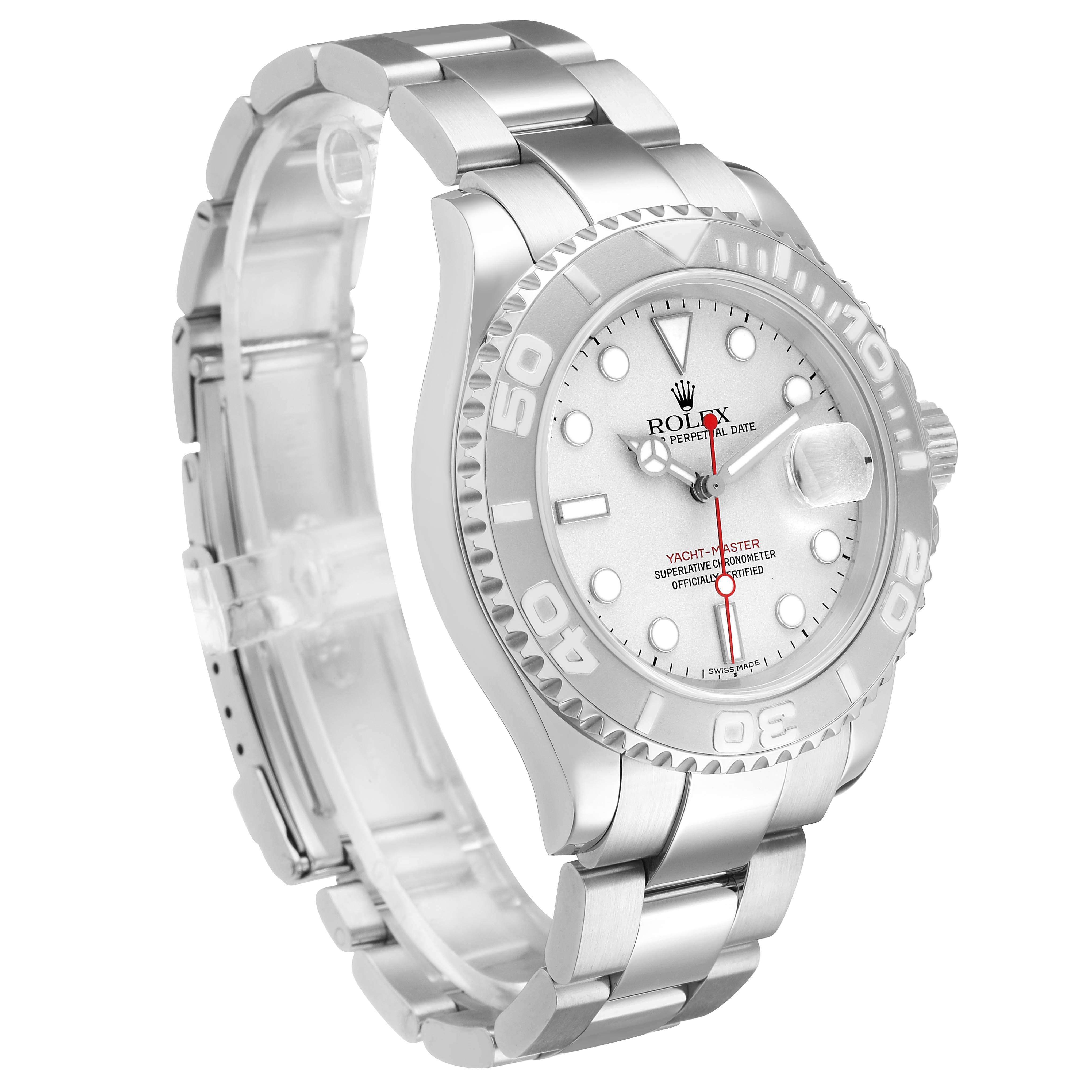 The Rolex Yacht-Master 16622 Men's Stainless Steel Silver Dial watch is shown at an angled side view, highlighting the bezel, dial, crown, and bracelet.