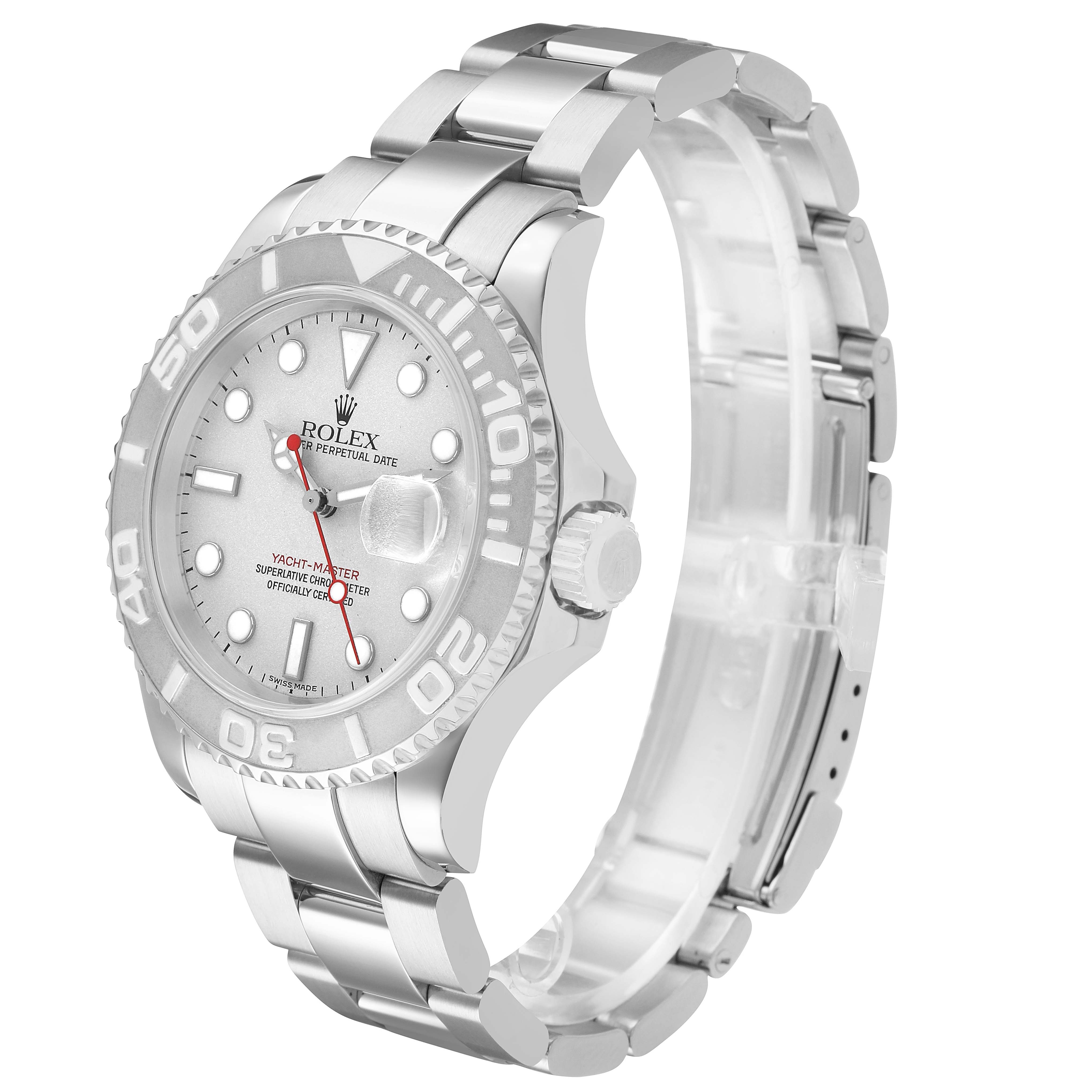 The Rolex Yacht-Master 16622 Men's Stainless Steel Silver Dial watch is shown at a three-quarter angle, highlighting the dial, bezel, and bracelet.