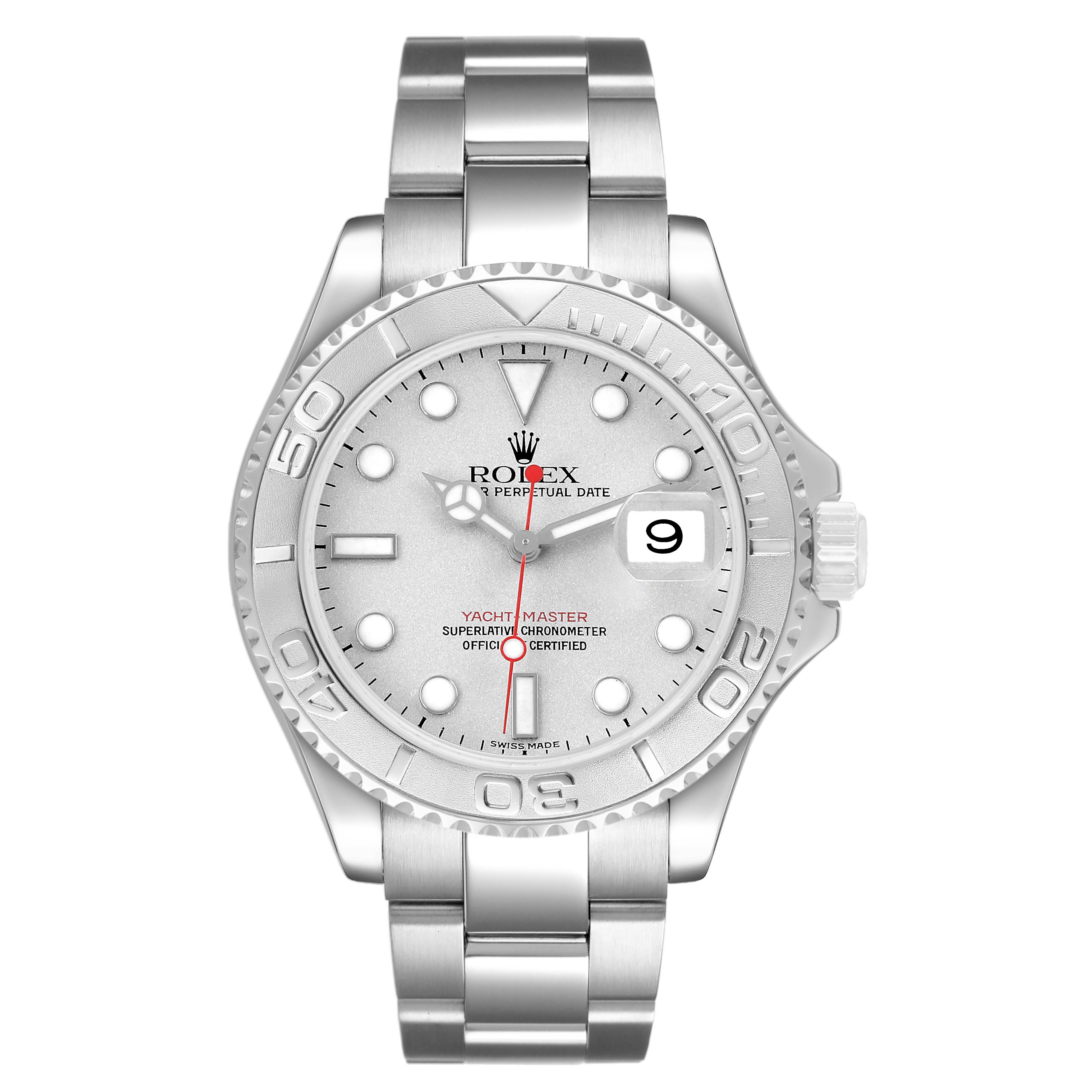 The Rolex Yacht-Master 16622 Men's Stainless Steel Silver Dial watch is shown from the front, displaying the face, bezel, and bracelet.