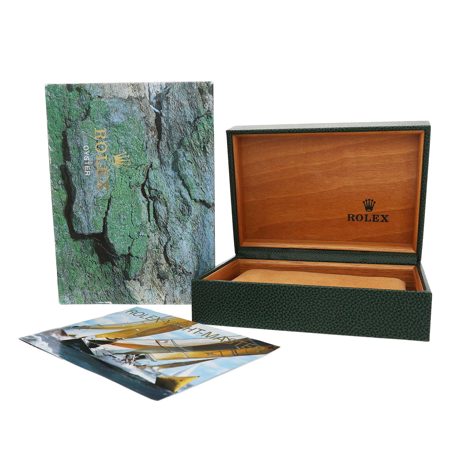 The image shows a Rolex Yacht-Master 16622 Men's Stainless Steel Silver Dial box and a booklet, both featuring branding.