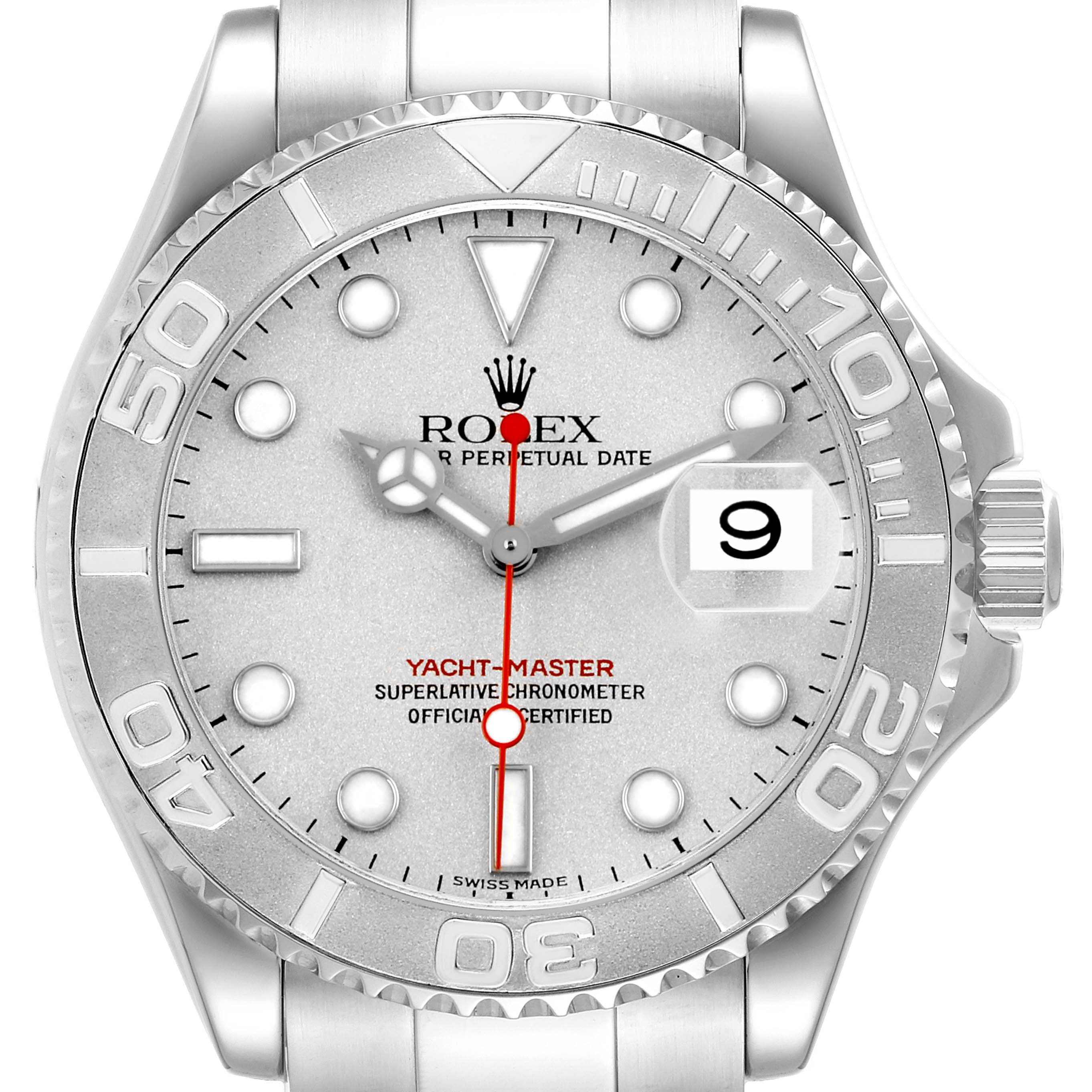 The image shows a frontal view of the Rolex Yacht-Master 16622 Men's Stainless Steel Silver Dial, highlighting its dial, bezel, and date magnifier.