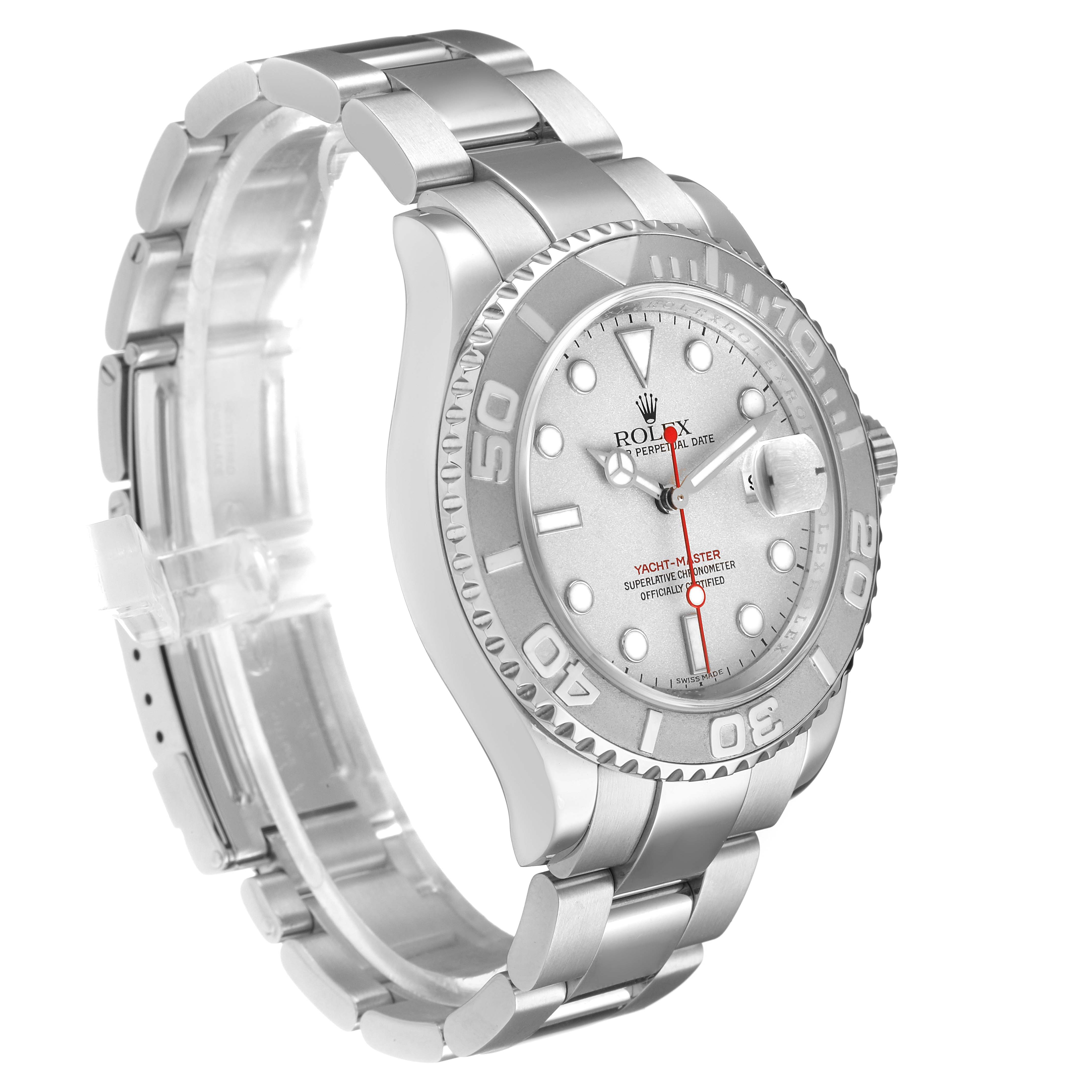 The Rolex Yacht-Master 16622 Men's Stainless Steel Silver Dial watch is shown at an oblique angle, highlighting the face, bezel, and bracelet.