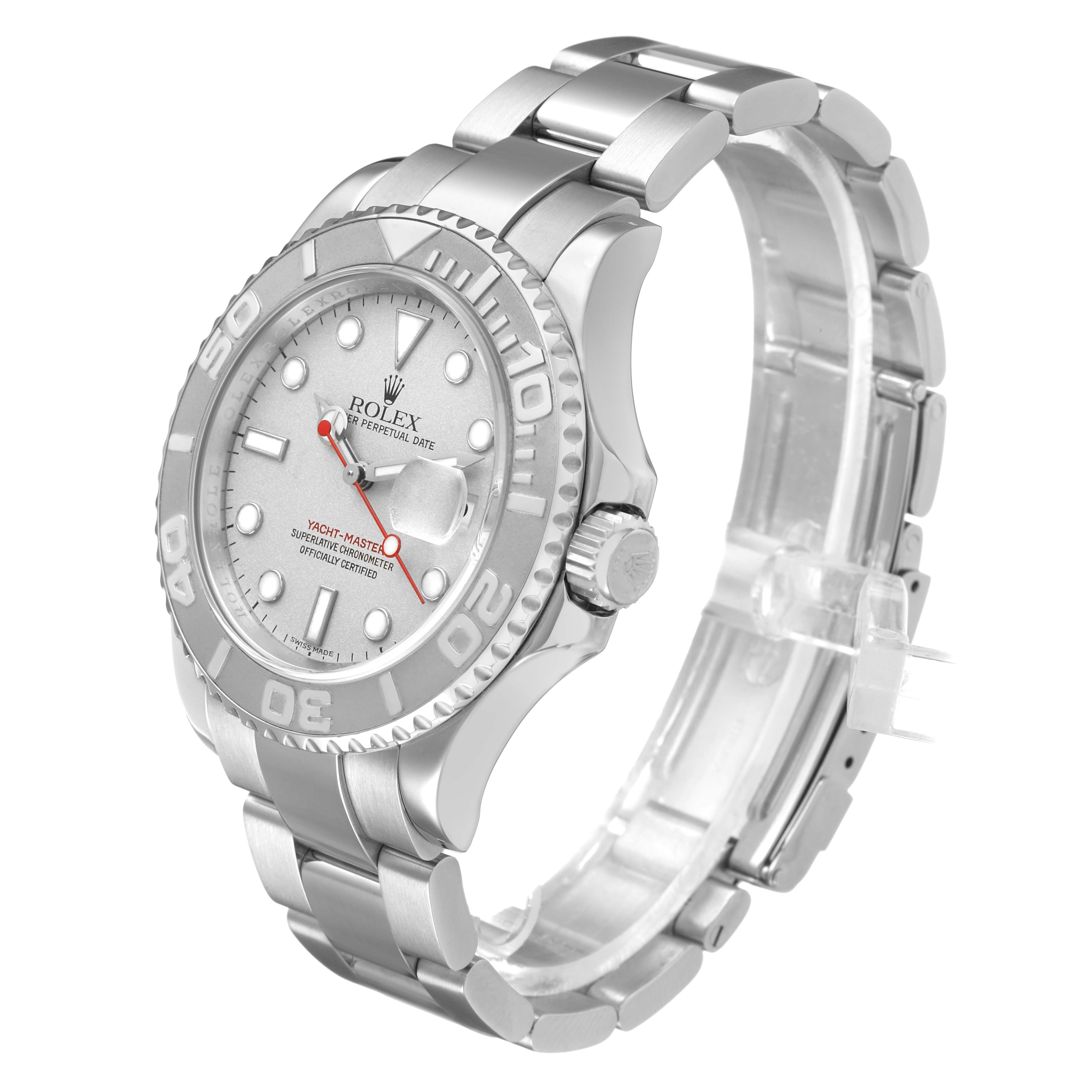 The Rolex Yacht-Master 16622 Men's Stainless Steel Silver Dial watch is shown at a three-quarter angle, highlighting the bezel, dial, and bracelet.