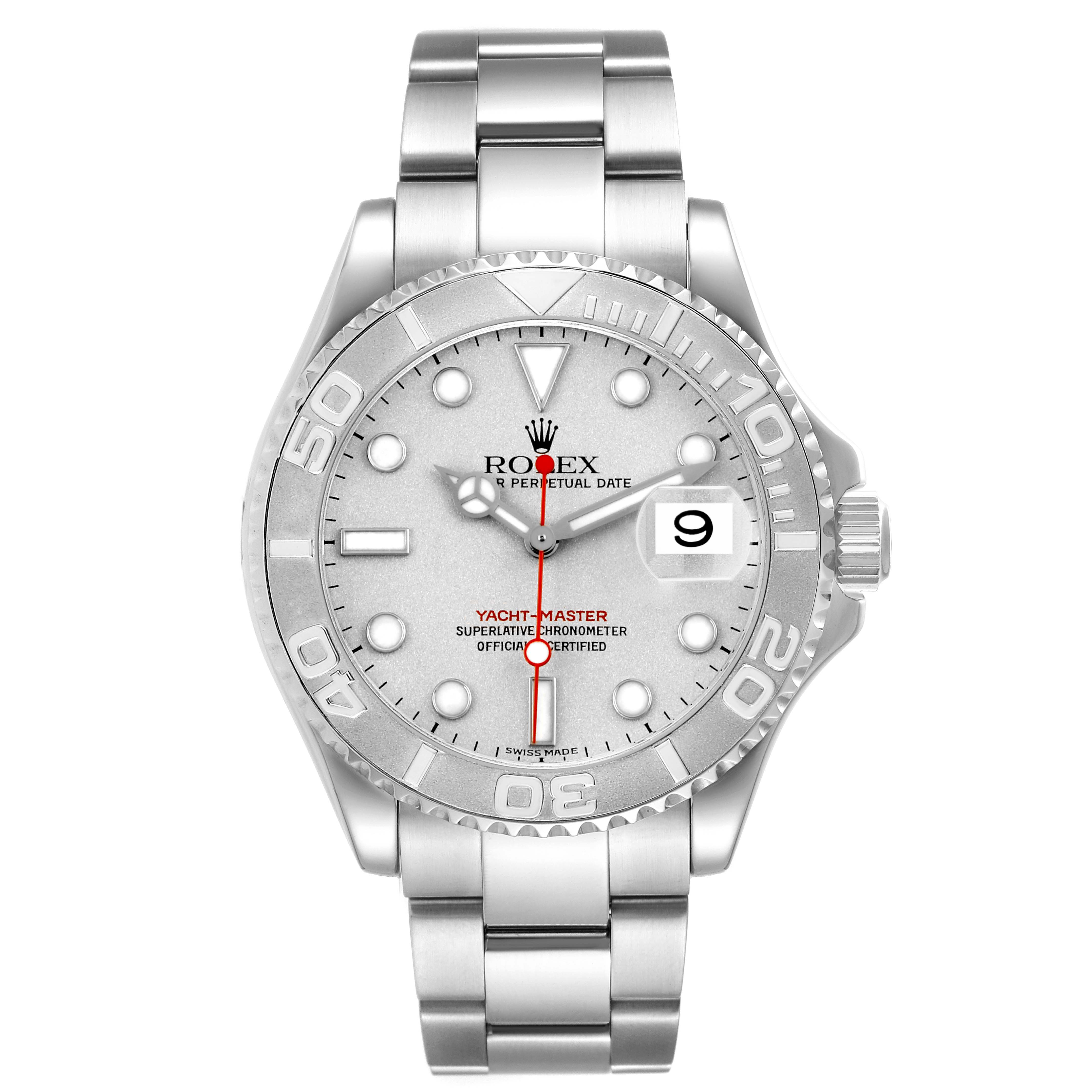 The Rolex Yacht-Master 16622 Men's Stainless Steel Silver Dial watch is shown from a front view, displaying the face, bezel, dial, and part of the bracelet.