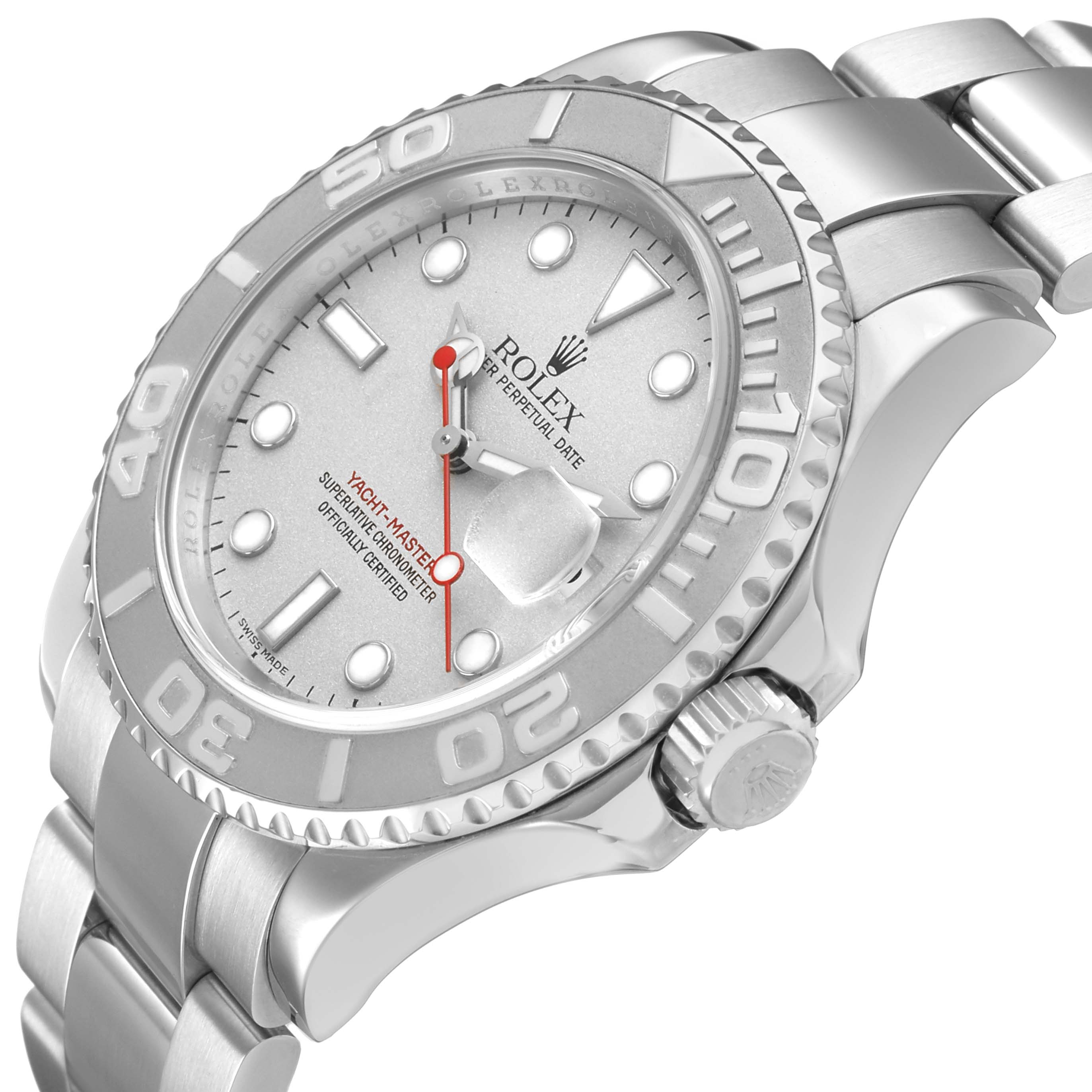 The Rolex Yacht-Master 16622 Men's Stainless Steel Silver Dial watch is shown at an angled side view highlighting the bezel, dial, crown, and part of the bracelet.