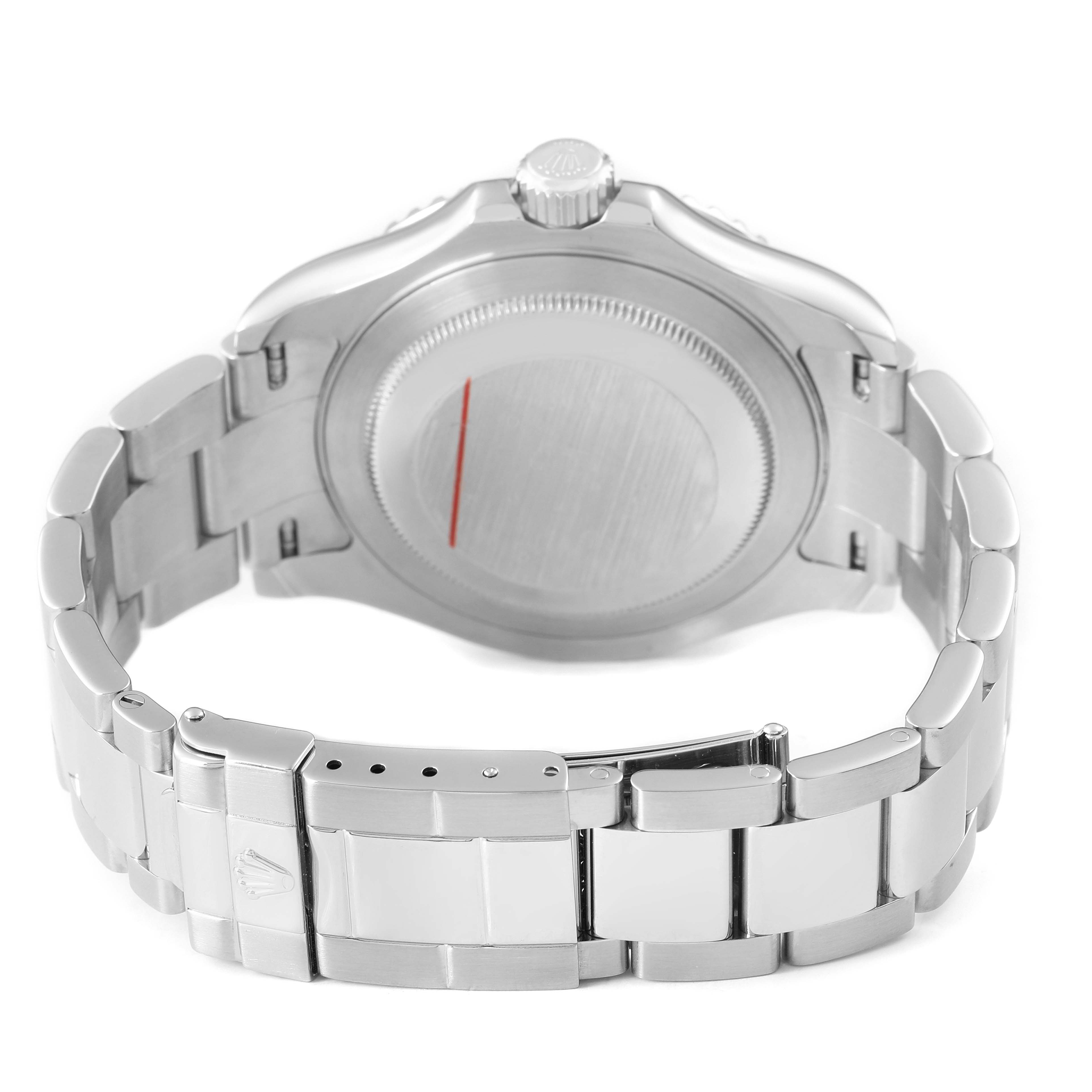 The image shows the back view of a Rolex Yacht-Master 16622 Men's Stainless Steel Silver Dial, highlighting the case back and metal bracelet clasp.