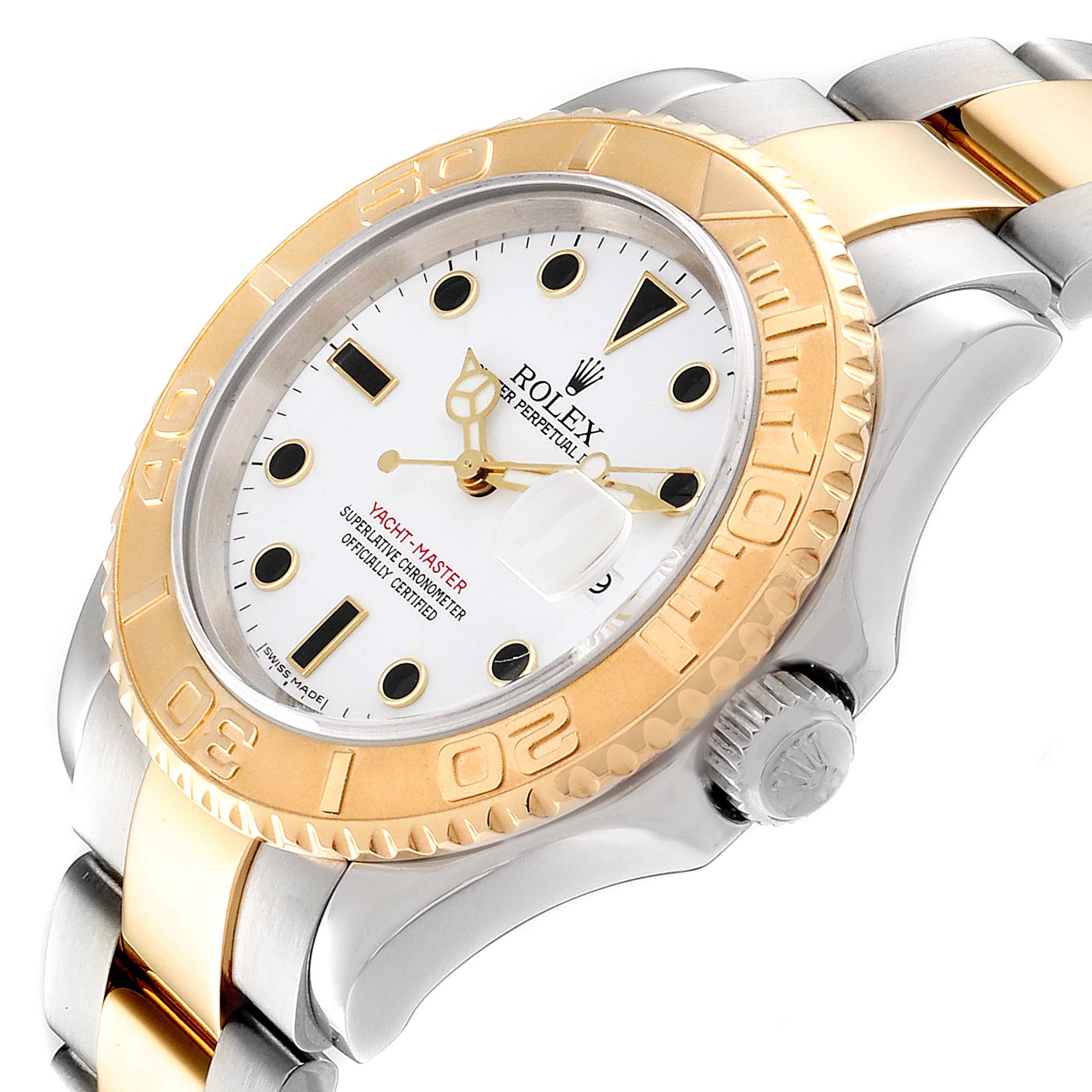 This image shows a close-up, angled view of the face and bracelet of a Rolex Yacht-Master 16623 Men's Steel and Gold (two tone) White Dial 16623 Men's Steel and Gold (two tone) White Dial watch.