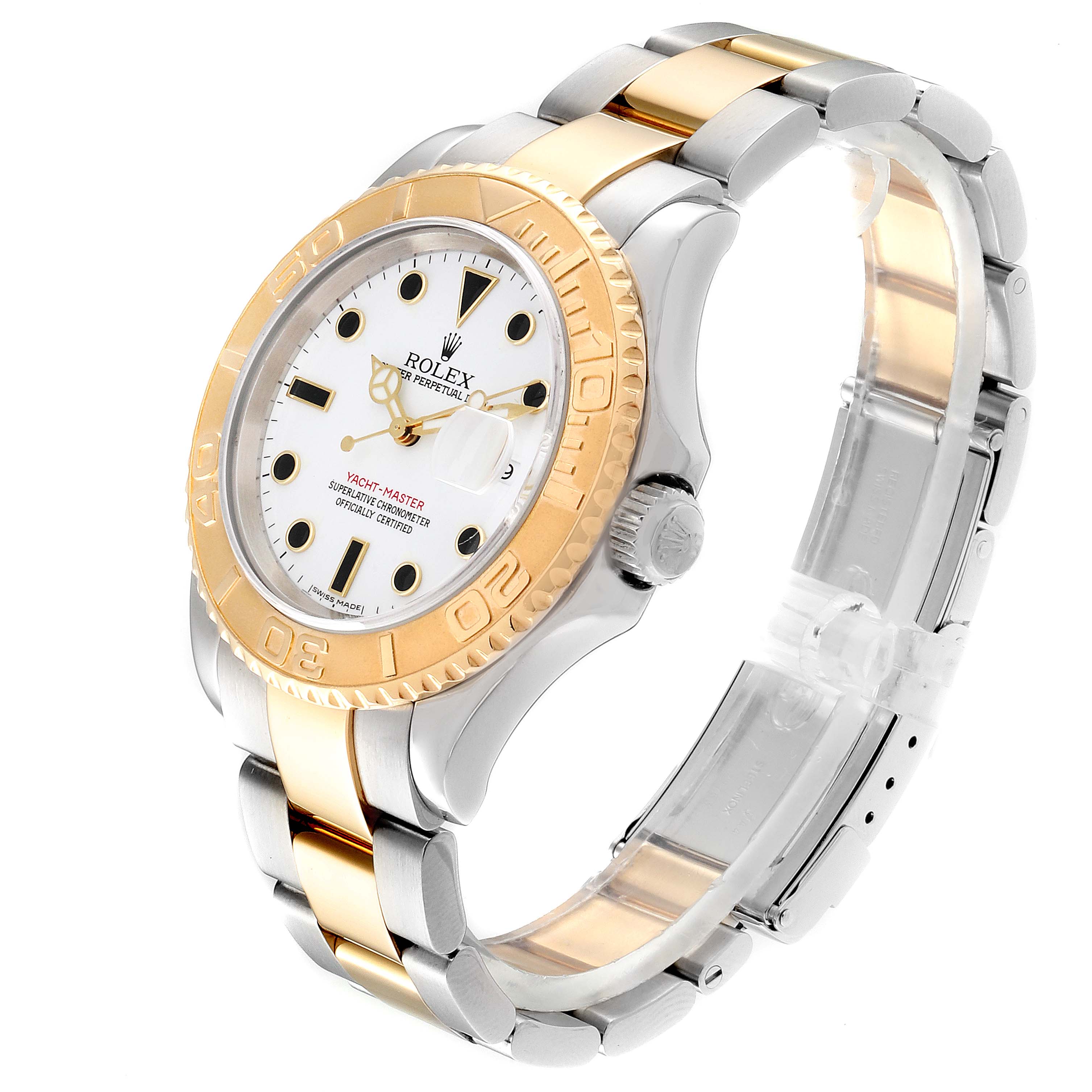 This image shows a Rolex Yacht-Master 16623 Men's Steel and Gold (two tone) White Dial 16623 Men's Steel and Gold (two tone) White Dial watch at a three-quarter angle, highlighting its dial, bezel, and bracelet.