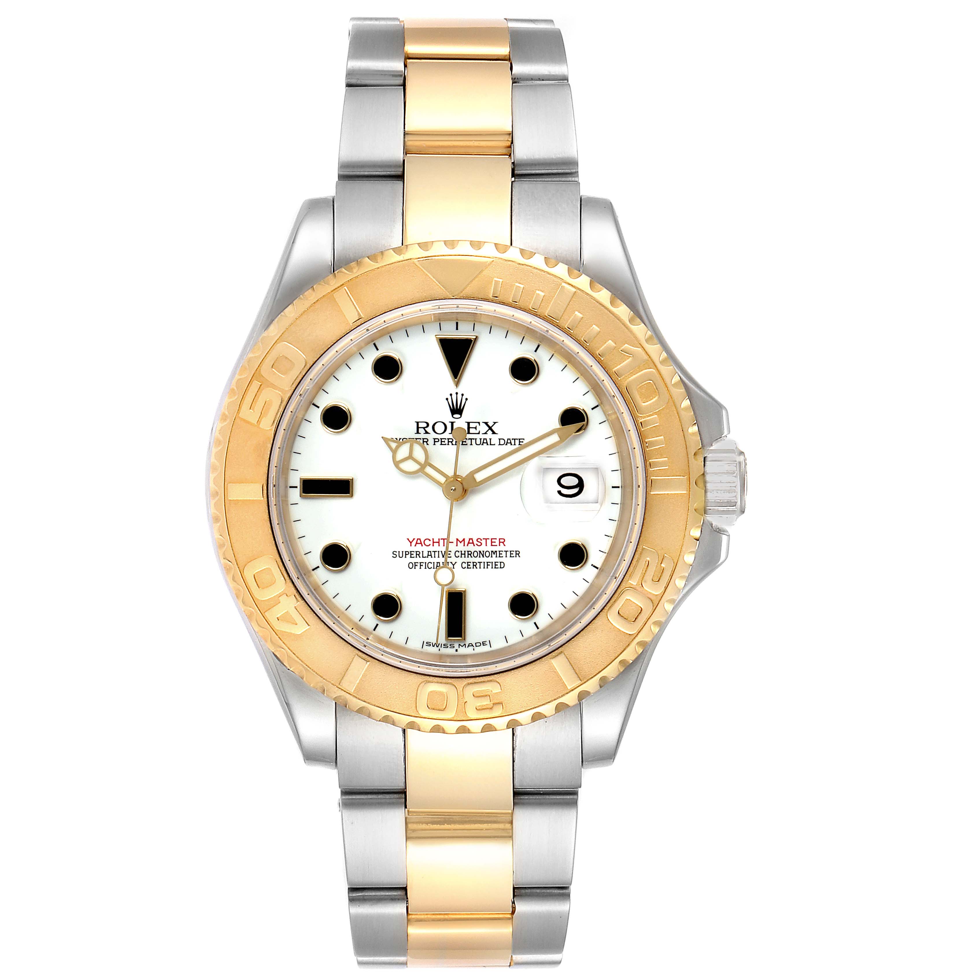 The Rolex Yacht-Master 16623 Men's Steel and Gold (two tone) White Dial 16623 Men's Steel and Gold (two tone) White Dial watch is shown from a front angle, displaying its dial, bezel, and two-tone bracelet.