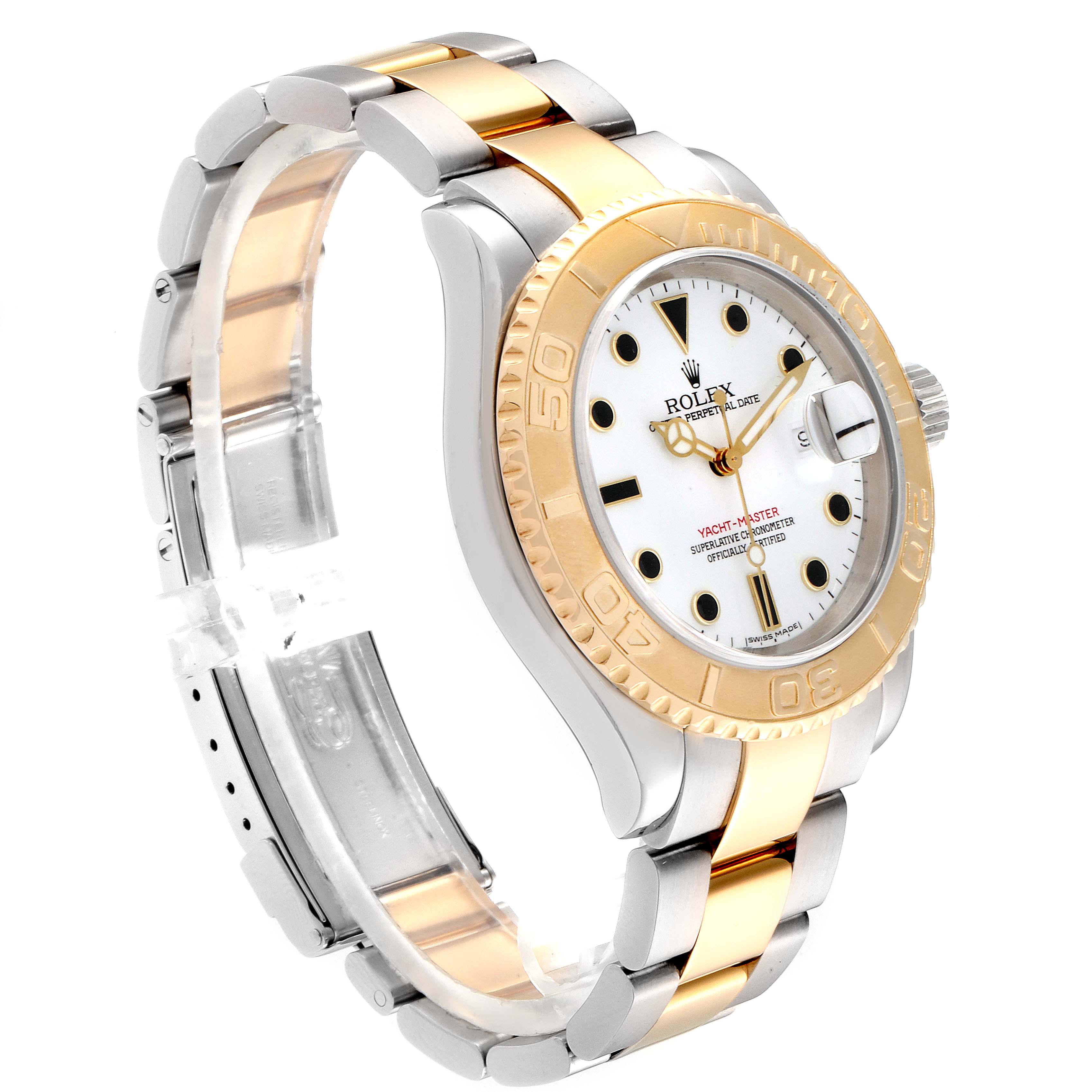 The image shows a side perspective of the Rolex Yacht-Master 16623 Men's Steel and Gold (two tone) White Dial 16623 Men's Steel and Gold (two tone) White Dial watch, displaying its face, bezel, and part of its bracelet.