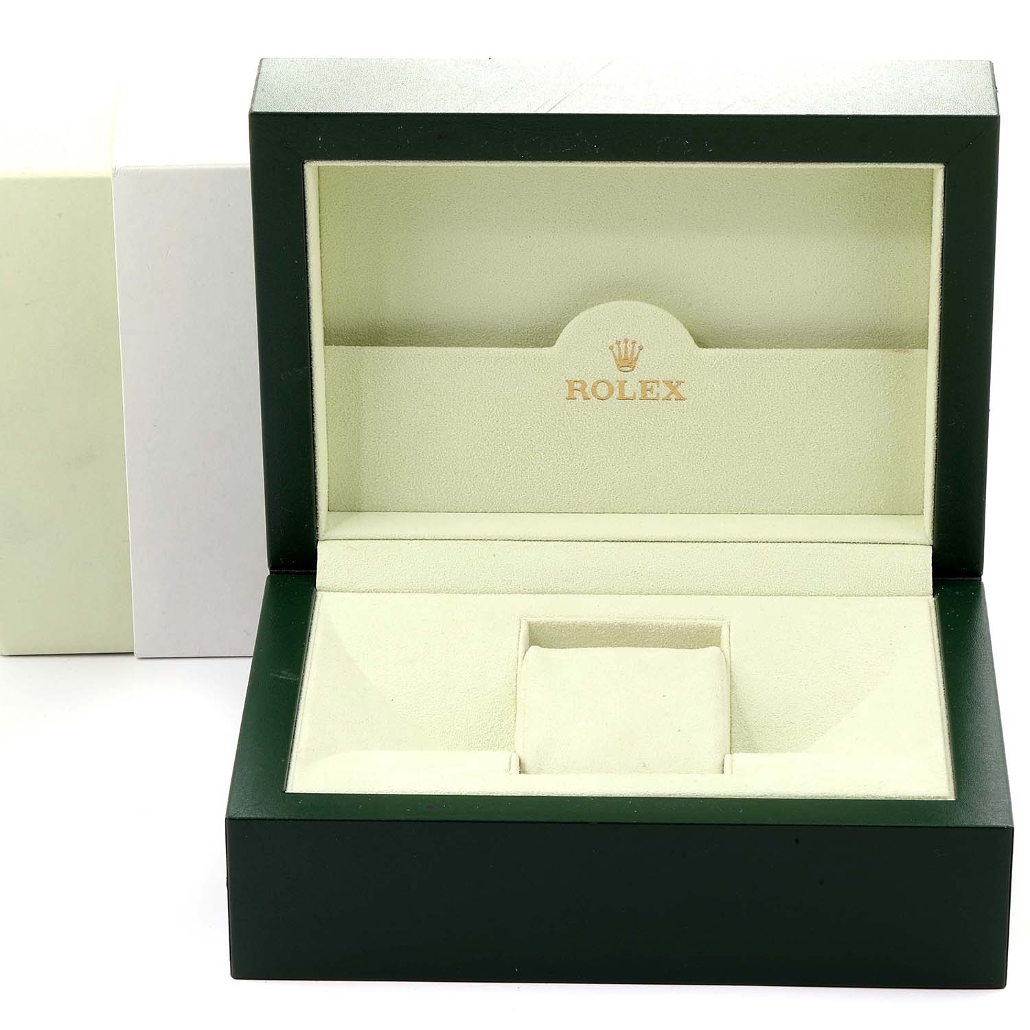 The image shows an open green Rolex Yacht-Master 16623 Men's Steel and Gold (two tone) White Dial 16623 Men's Steel and Gold (two tone) White Dial watch box with a beige interior and the Rolex logo inside the lid.