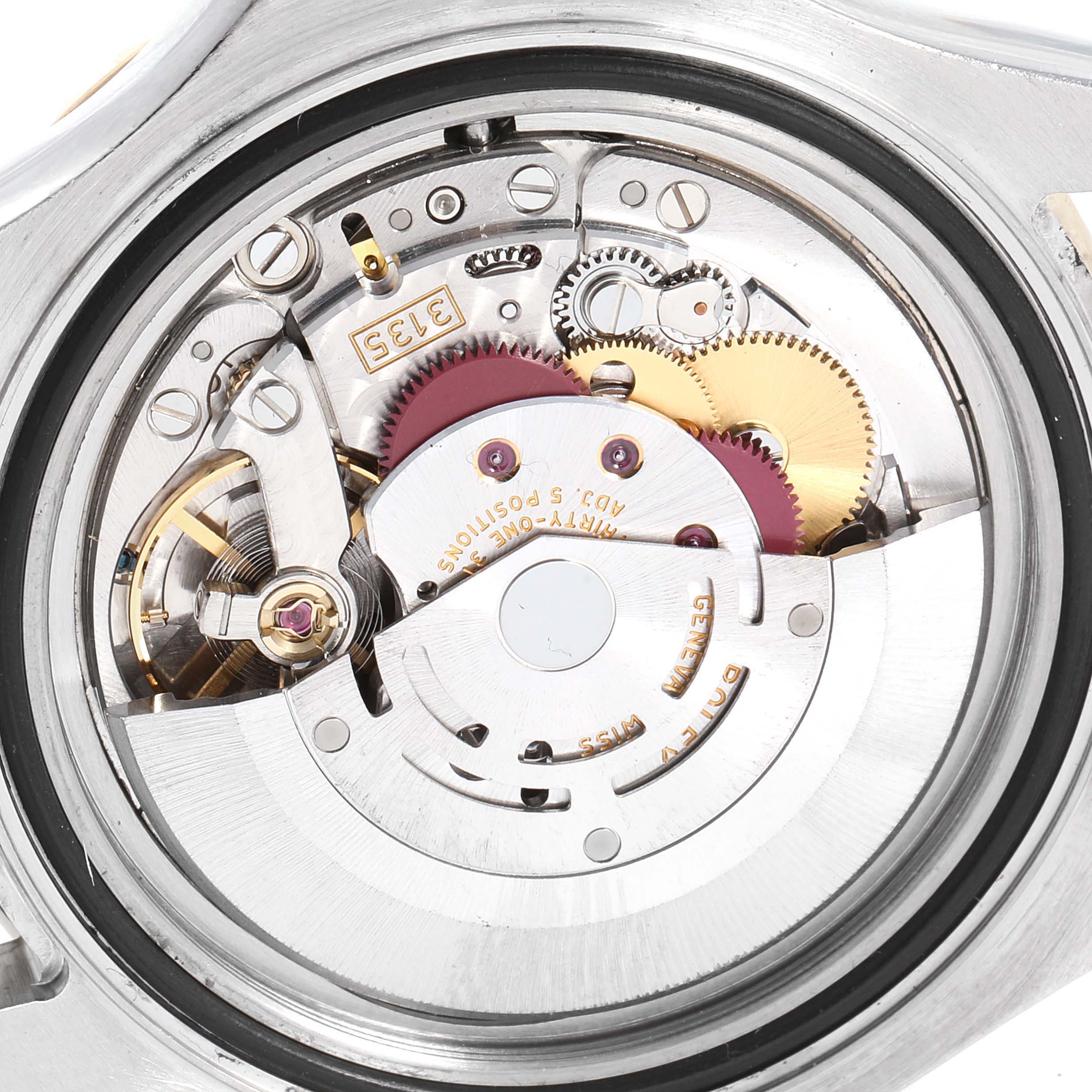 This image shows the internal mechanism of a Rolex Yacht-Master 16623 Men's Steel and Gold (two tone) White Dial 16623 Men's Steel and Gold (two tone) White Dial watch from a back angle.