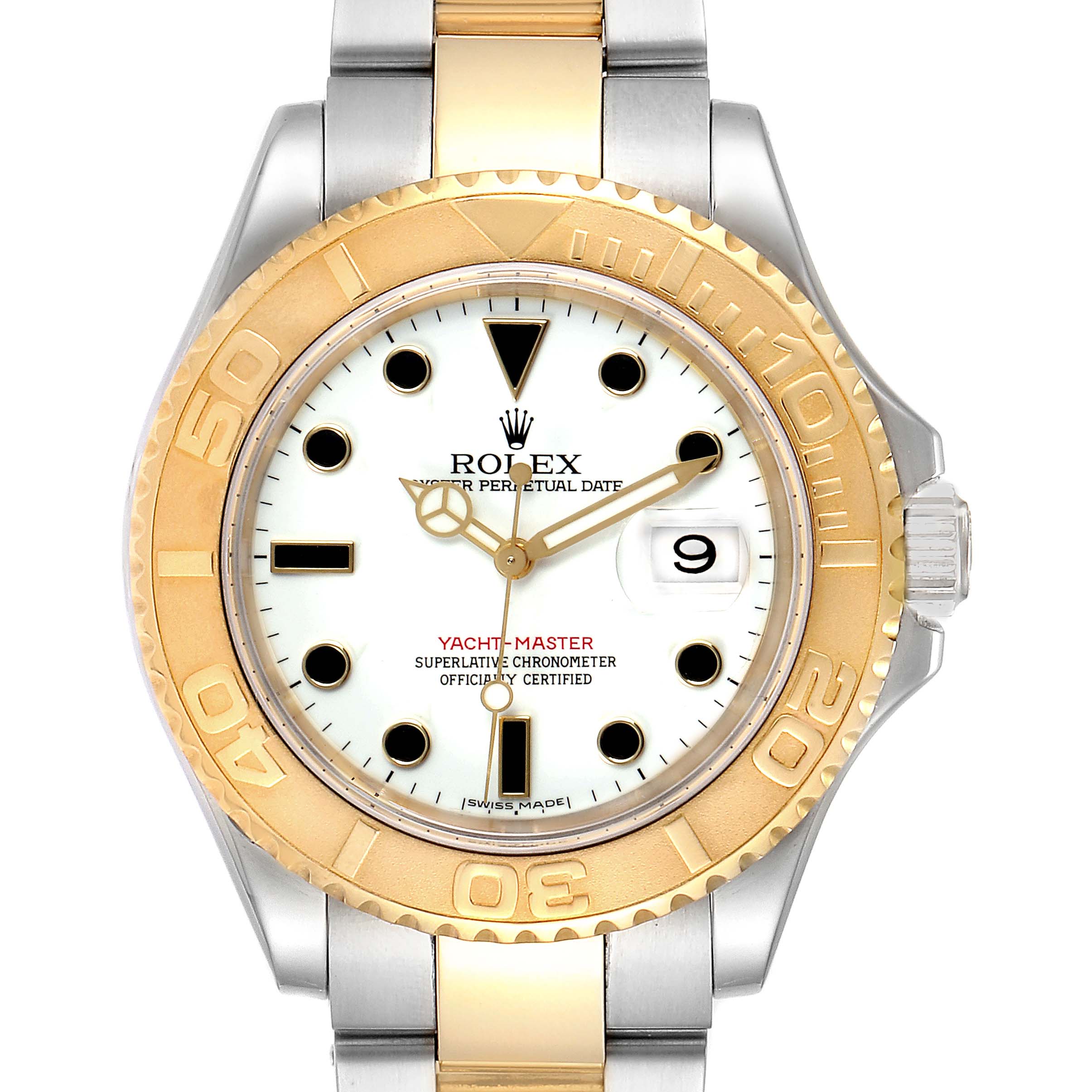 The image shows a front view of a Rolex Yacht-Master 16623 Men's Steel and Gold (two tone) White Dial 16623 Men's Steel and Gold (two tone) White Dial watch, featuring a gold bezel and silver bracelet.