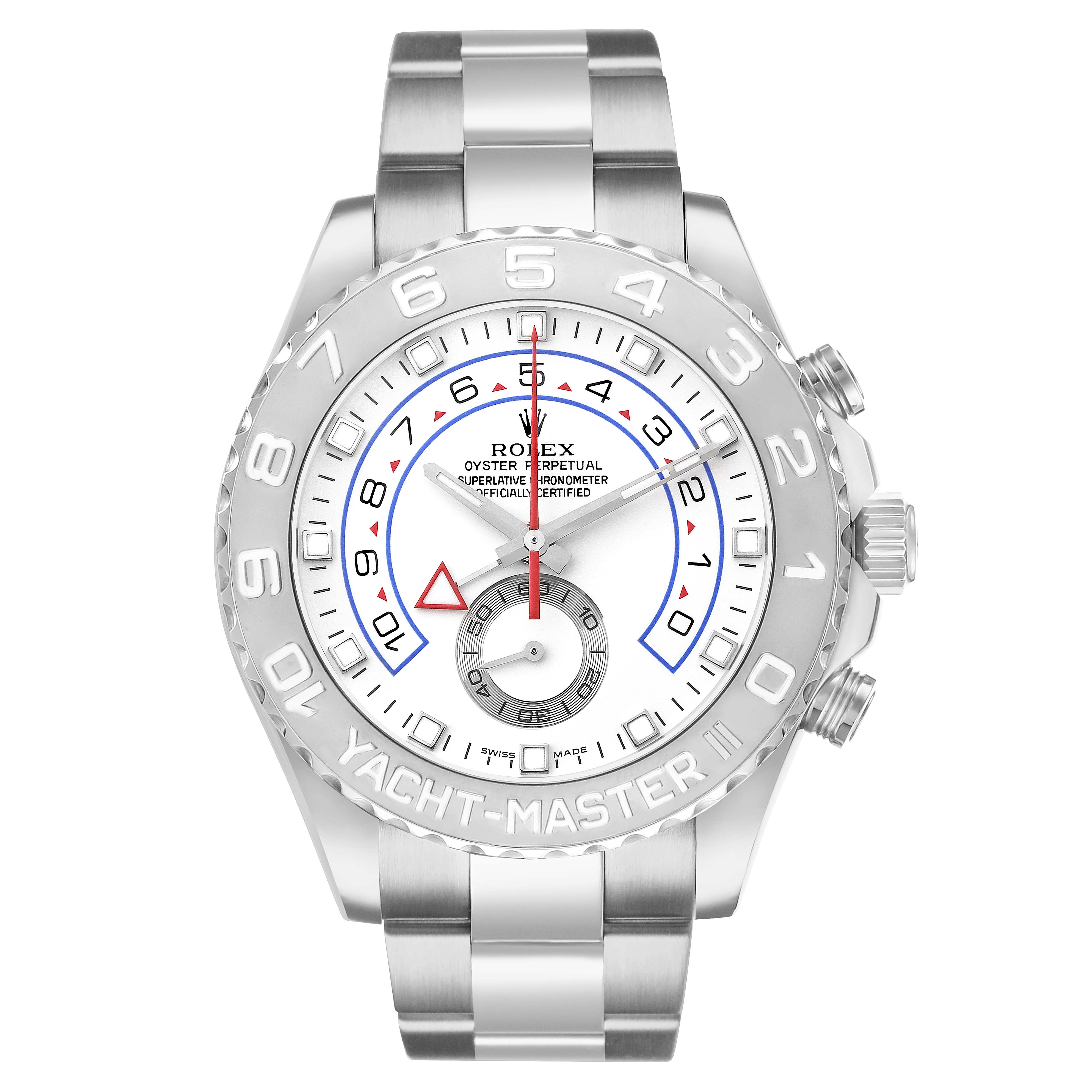The Rolex Yacht-Master 116689 Men's White Gold White Dial watch is shown from a front angle, highlighting the bezel, dial, hands, and bracelet.
