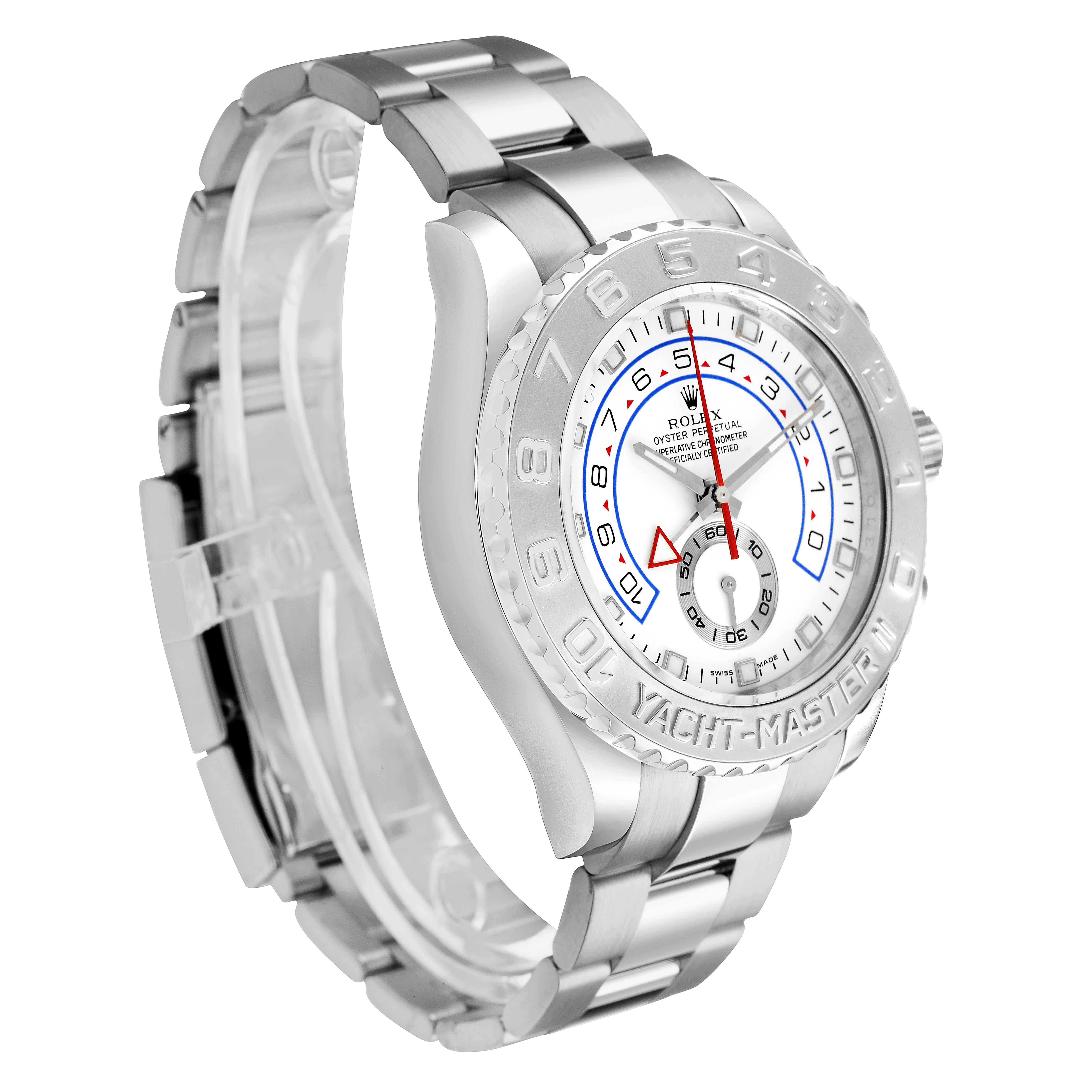The Rolex Yacht-Master 116689 Men's White Gold White Dial watch is shown at a three-quarter angle, highlighting the bezel, dial, and stainless steel bracelet.