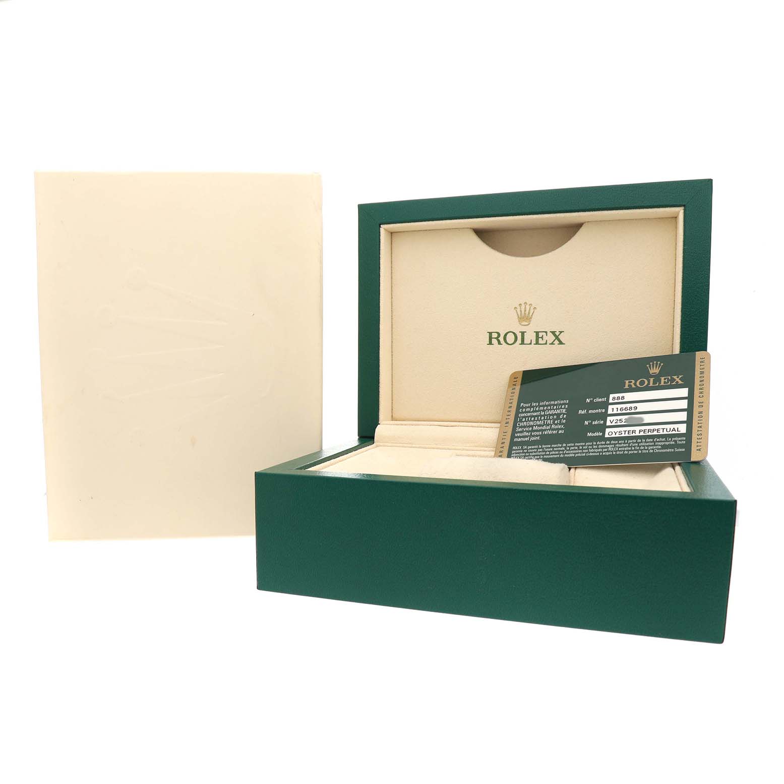 The image shows the open box for a Rolex Yacht-Master 116689 Men's White Gold White Dial, featuring the inner lining and a warranty card.