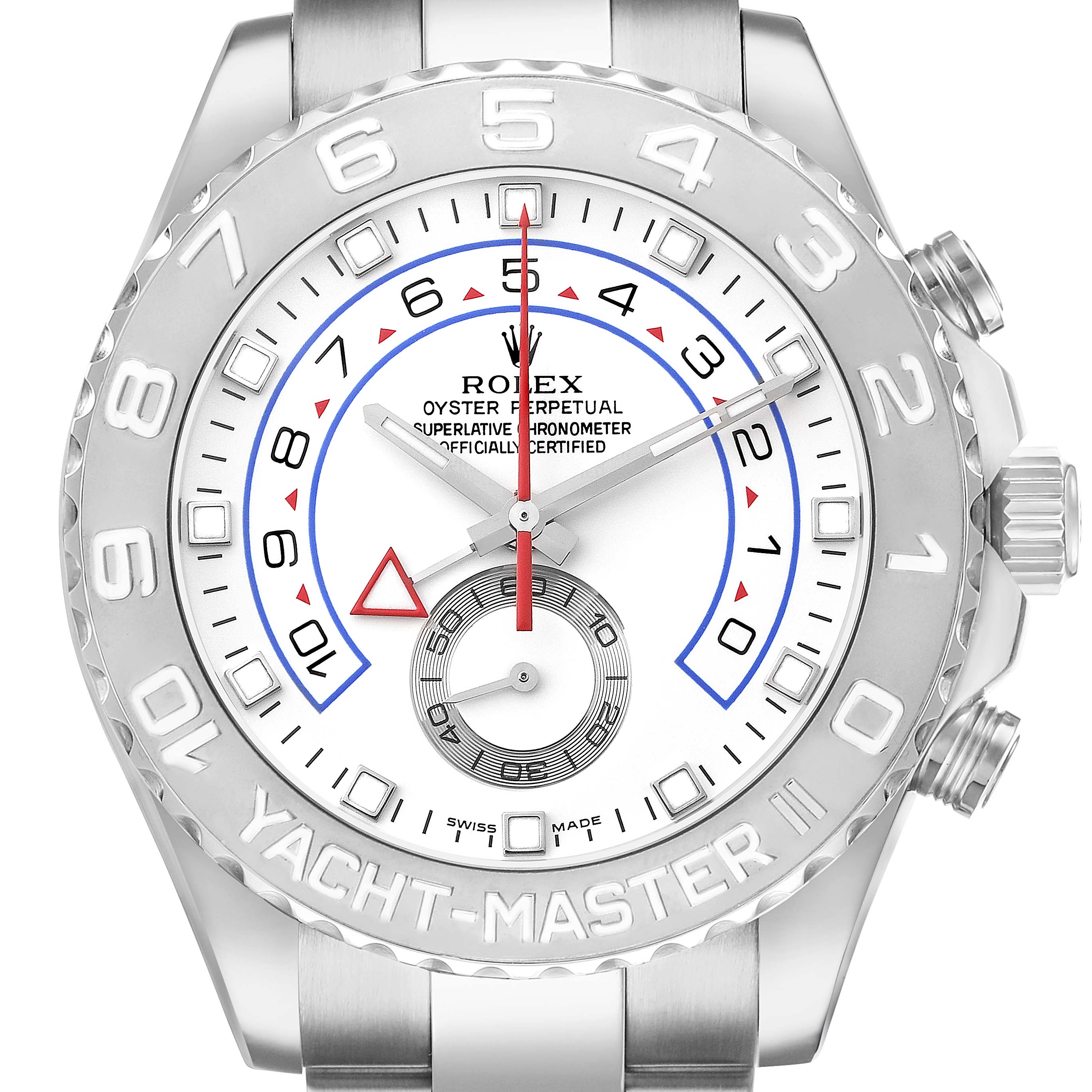 The Rolex Yacht-Master 116689 Men's White Gold White Dial watch is shown from the front, displaying its bezel, dial, hands, and crown.
