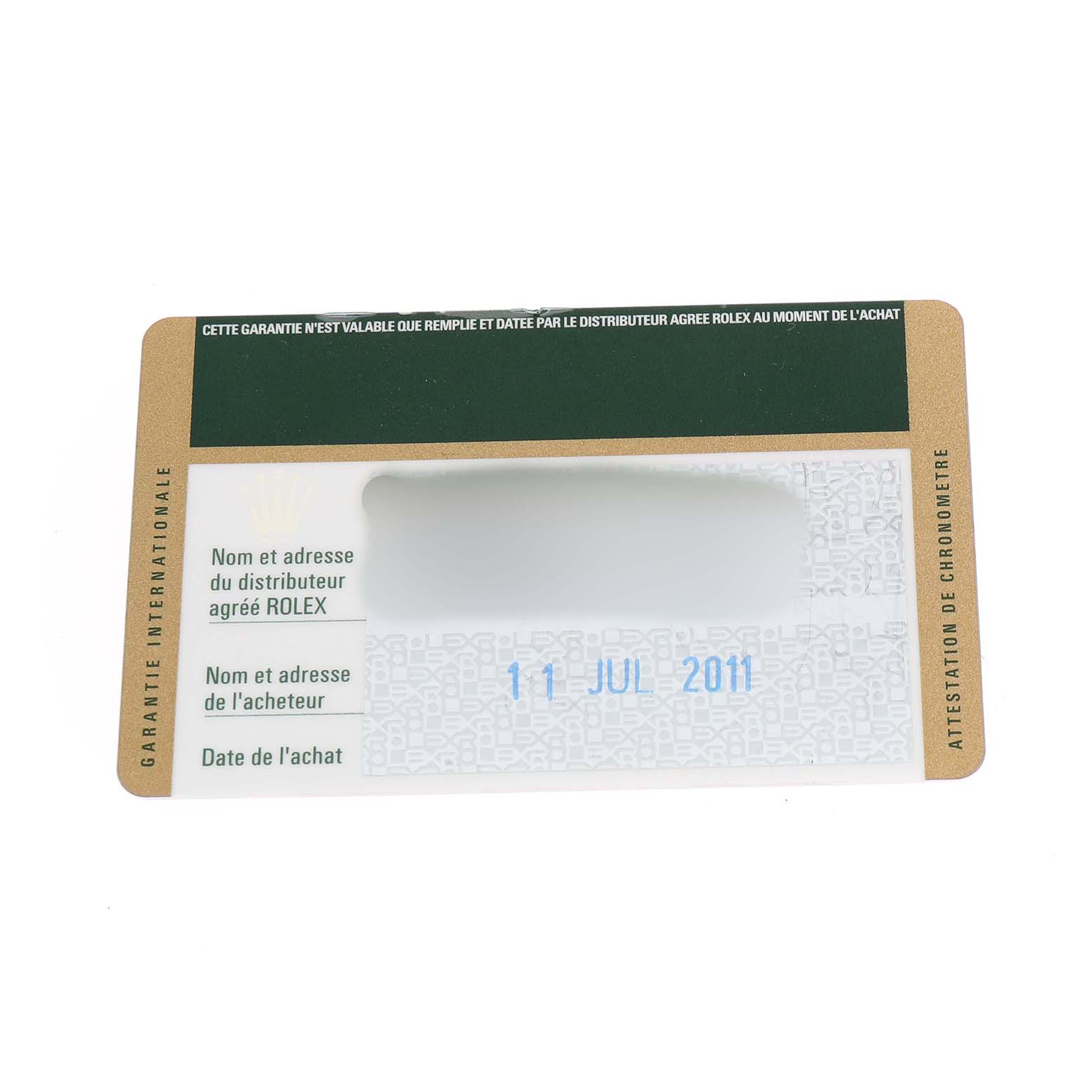 The image shows a warranty card for the Rolex Yacht-Master 116689 Men's White Gold White Dial watch, displaying a date and green and gold design elements.