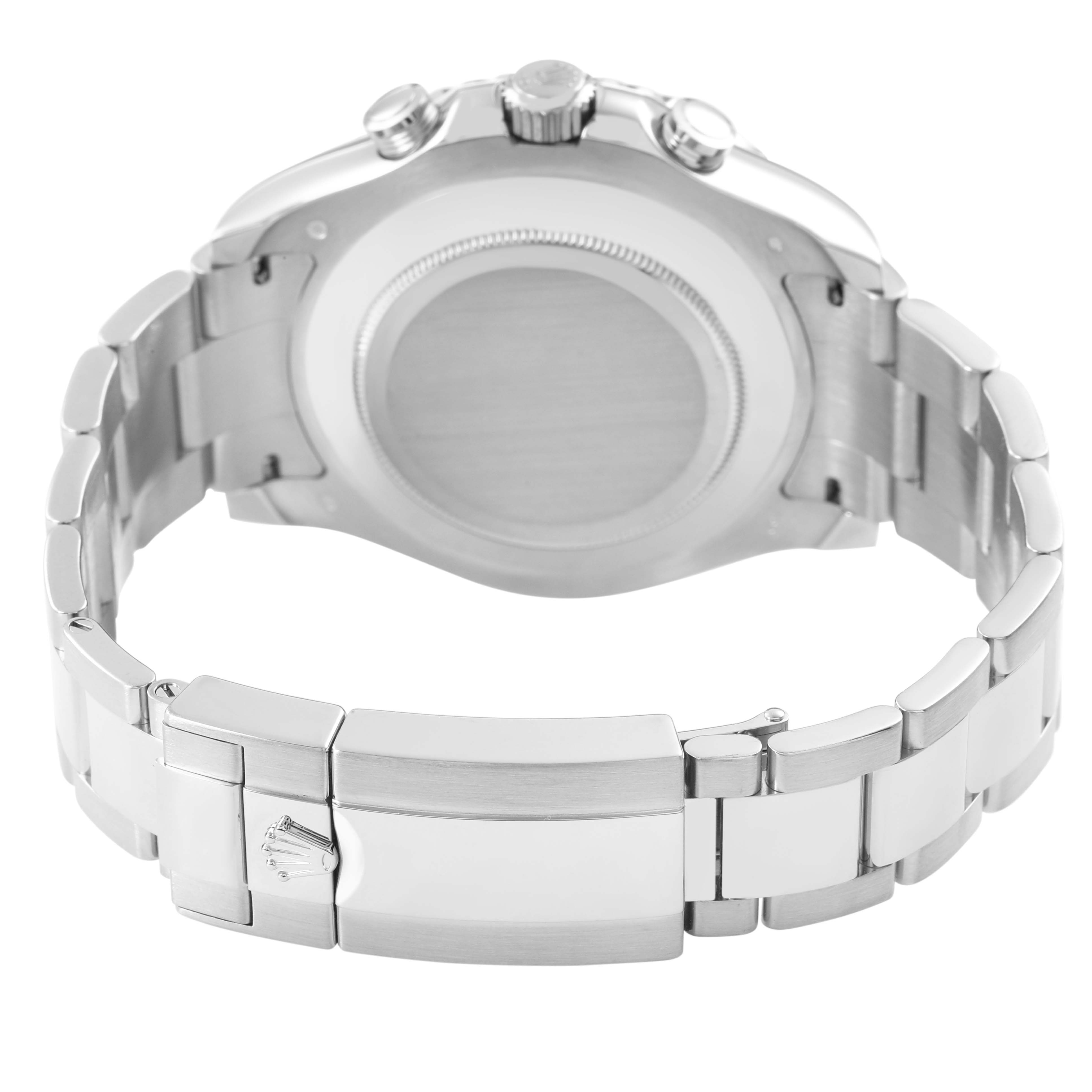 The image shows the back and bracelet clasp of the Rolex Yacht-Master 116689 Men's White Gold White Dial watch, highlighting the caseback and links.