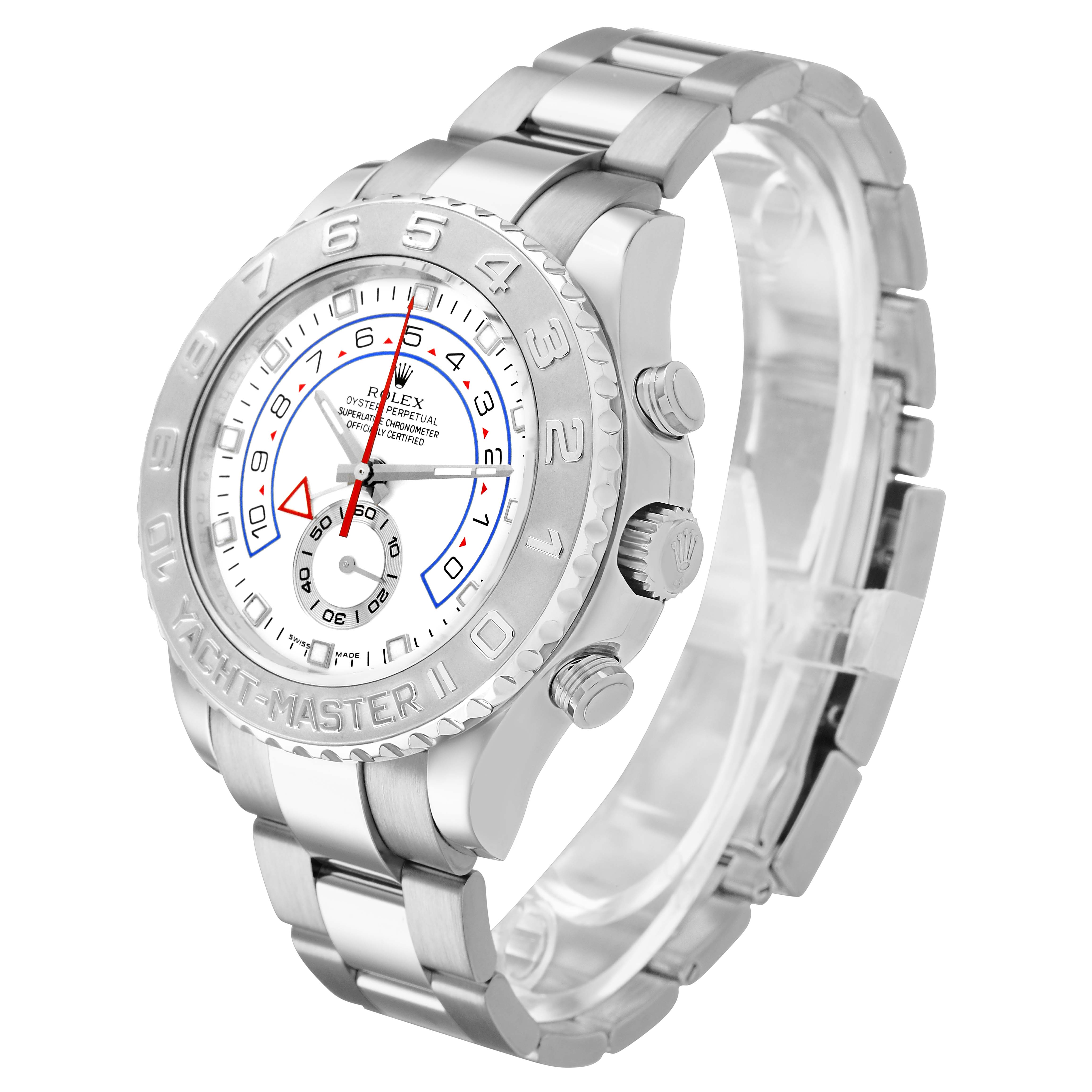 The Rolex Yacht-Master 116689 Men's White Gold White Dial watch is shown at a three-quarter angle, highlighting the bezel, dial, crown, and bracelet.