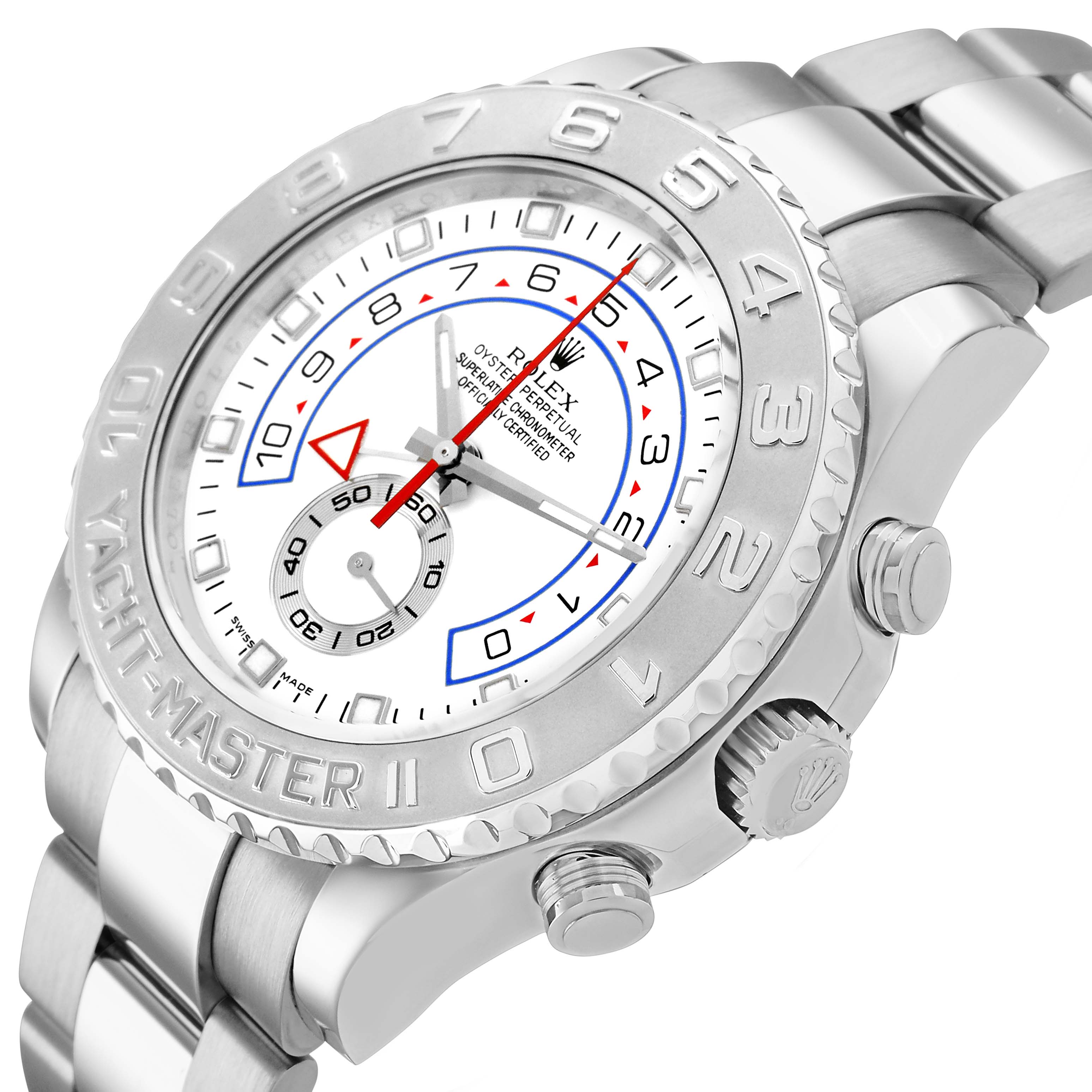 The Rolex Yacht-Master 116689 Men's White Gold White Dial watch is shown at a tilted angle featuring the dial, bezel, crown, and part of the bracelet.