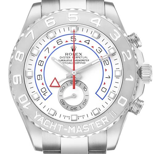 The Rolex Yacht-Master 116689 Men's White Gold White Dial watch is shown from a front angle, displaying the dial, bezel, hands, and part of the bracelet.
