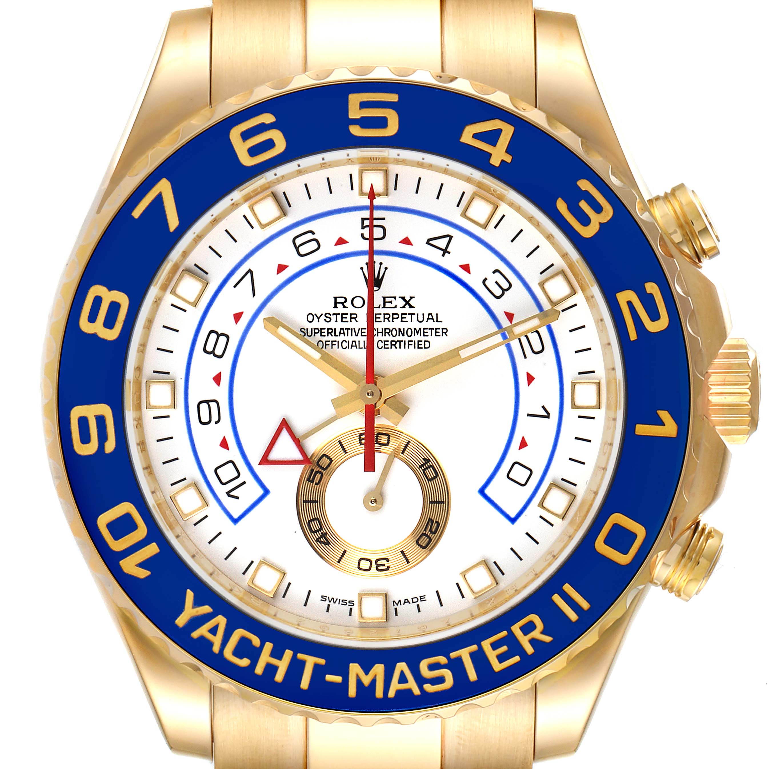 The image shows a close-up of the Rolex Yacht-Master 116688 Men's Yellow Gold White Dial 116688 Men's Yellow Gold White Dial II watch face and bezel.
