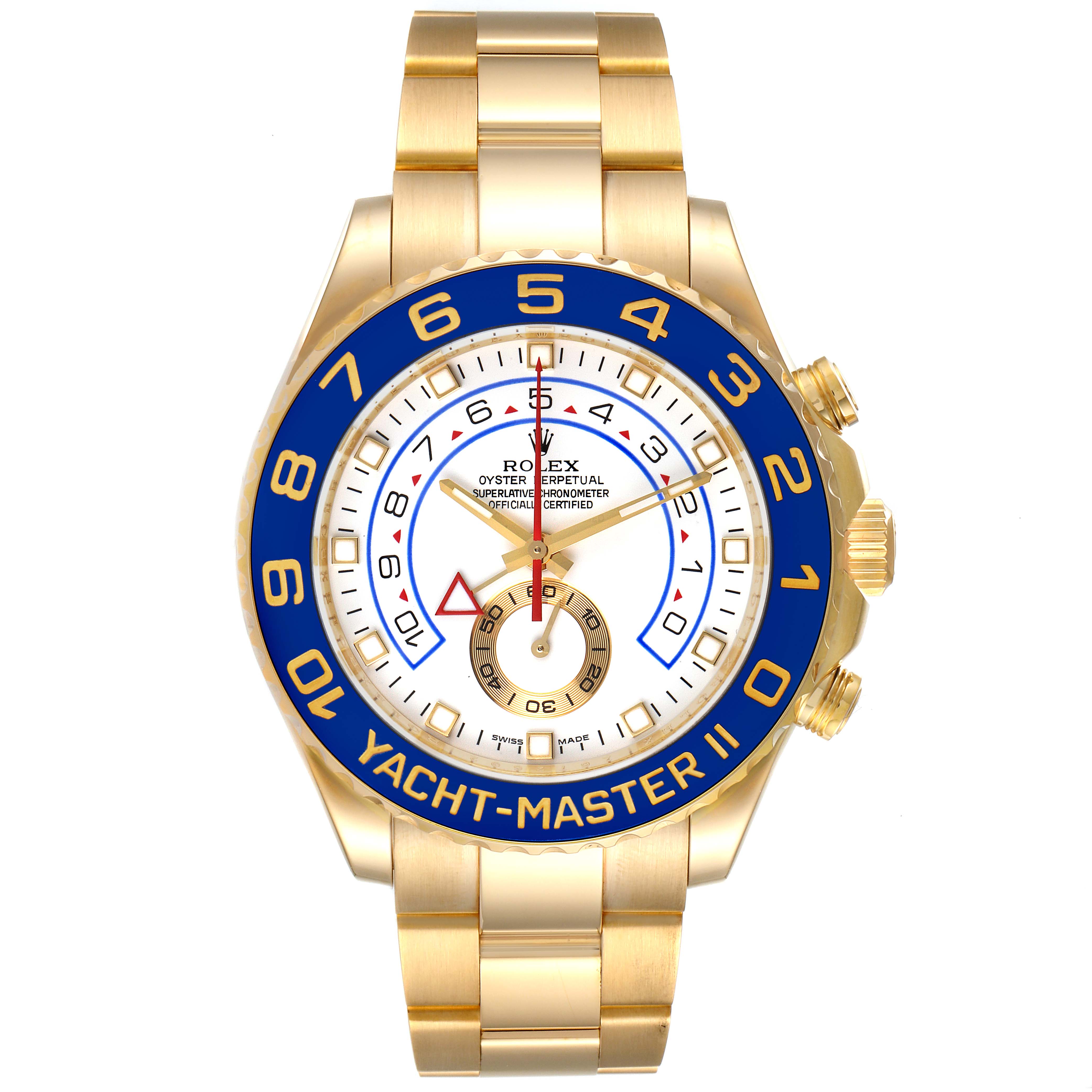 The image shows a front view of a Rolex Yacht-Master 116688 Men's Yellow Gold White Dial 116688 Men's Yellow Gold White Dial II watch, highlighting the bezel, face, and strap.