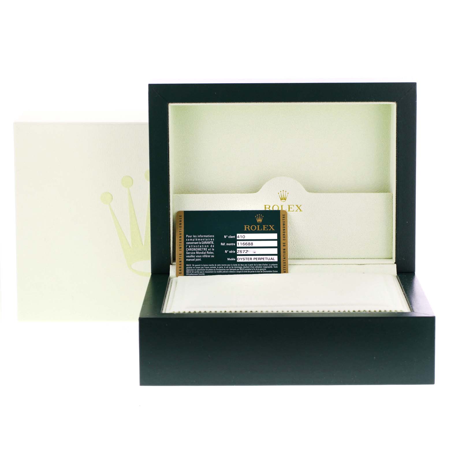 The image shows an open Rolex Yacht-Master 116688 Men's Yellow Gold White Dial 116688 Men's Yellow Gold White Dial watch box with a certificate card inside.