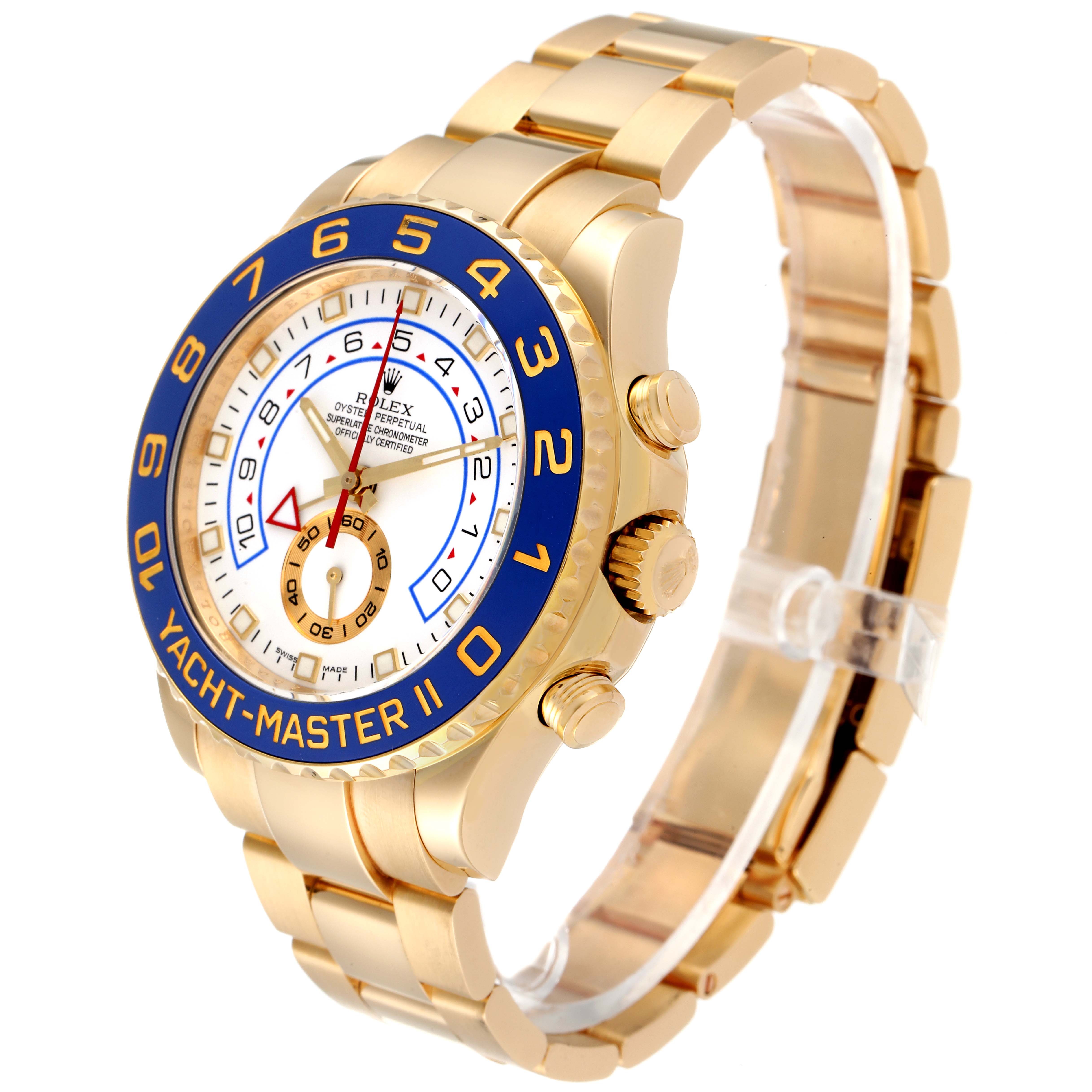 The Rolex Yacht-Master 116688 Men's Yellow Gold White Dial 116688 Men's Yellow Gold White Dial watch is shown at a side angle, displaying its face, bezel, and part of the bracelet.
