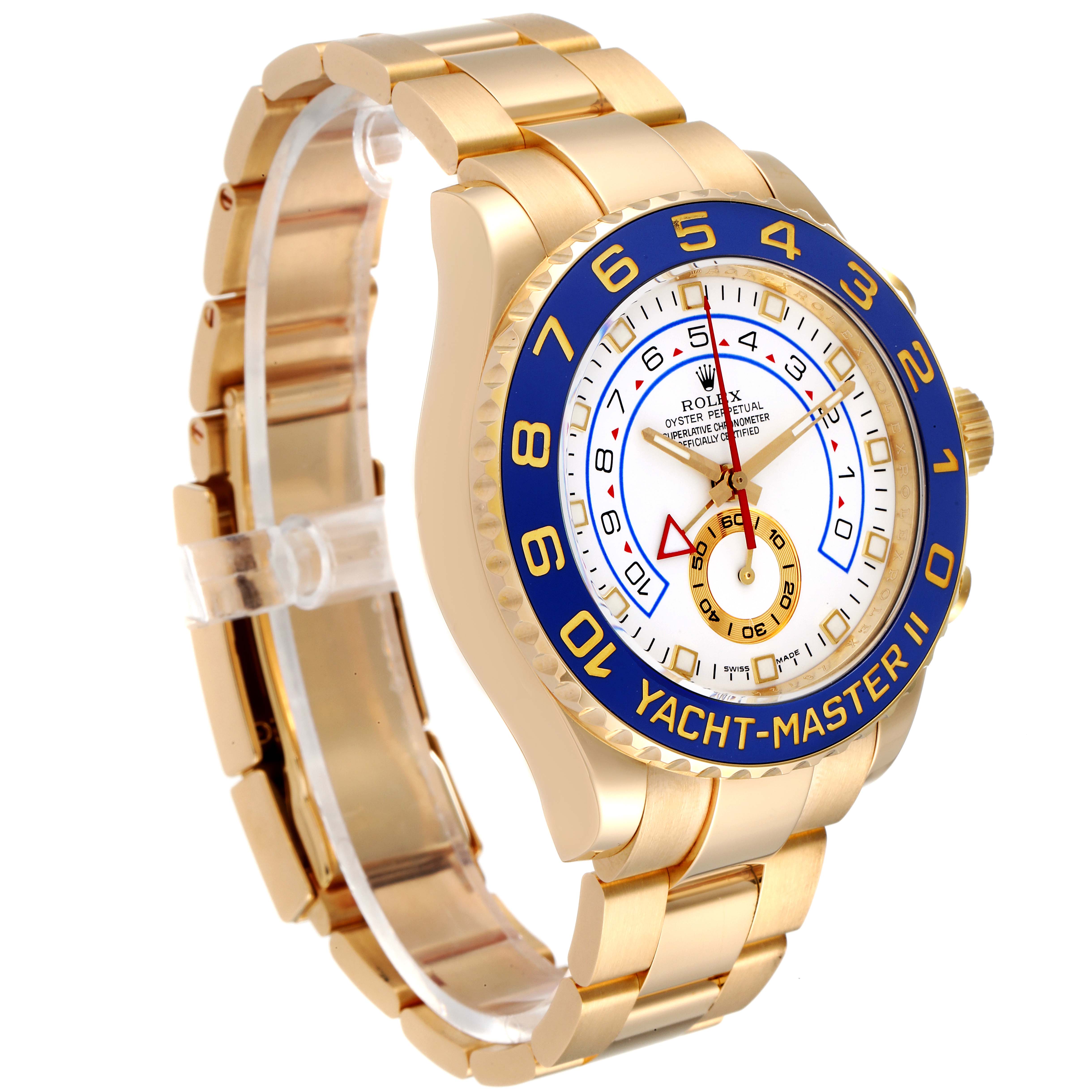 The image shows a side and partial front angle of the Rolex Yacht-Master 116688 Men's Yellow Gold White Dial 116688 Men's Yellow Gold White Dial II watch, highlighting its band, face, and bezel.
