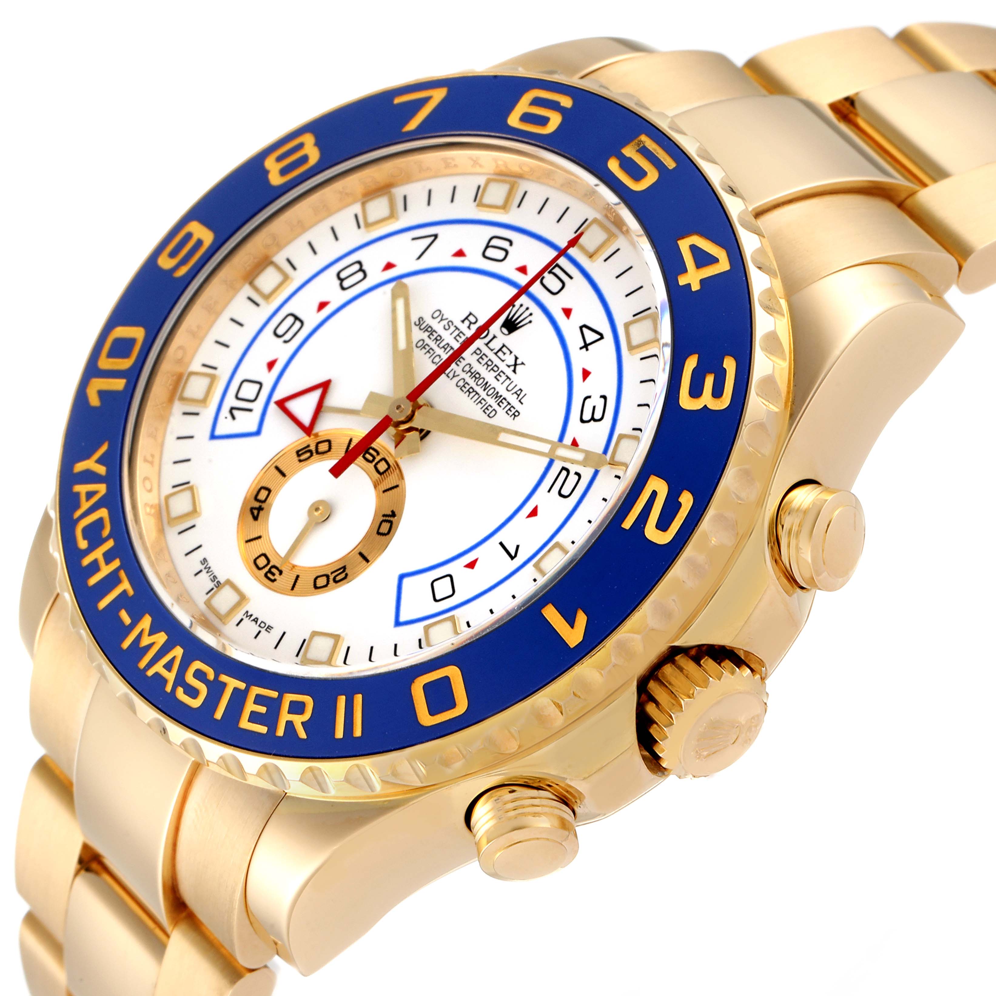 The image shows a close-up angle of the Rolex Yacht-Master 116688 Men's Yellow Gold White Dial 116688 Men's Yellow Gold White Dial II watch, highlighting its face, bezel, and part of the bracelet.