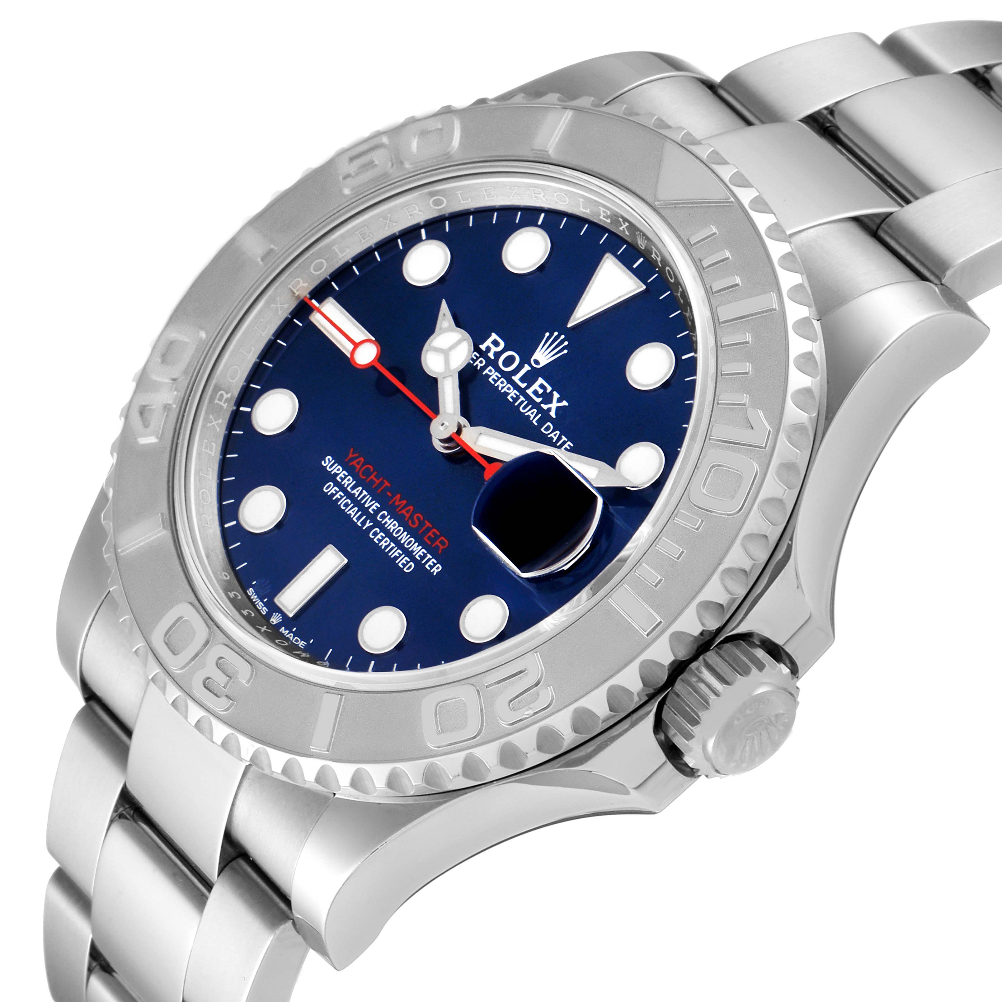 This image shows a close-up, angled view of the Rolex Yacht-Master 126622 Men's Stainless Steel Blue Dial 126622 Men's Stainless Steel Blue Dial watch, highlighting the bezel, dial, and part of the bracelet.
