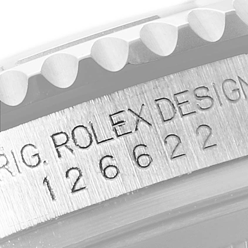 The image shows a close-up of the side of a Rolex Yacht-Master 126622 Men's Stainless Steel Blue Dial 126622 Men's Stainless Steel Blue Dial watch, highlighting the model number and part of the bezel.