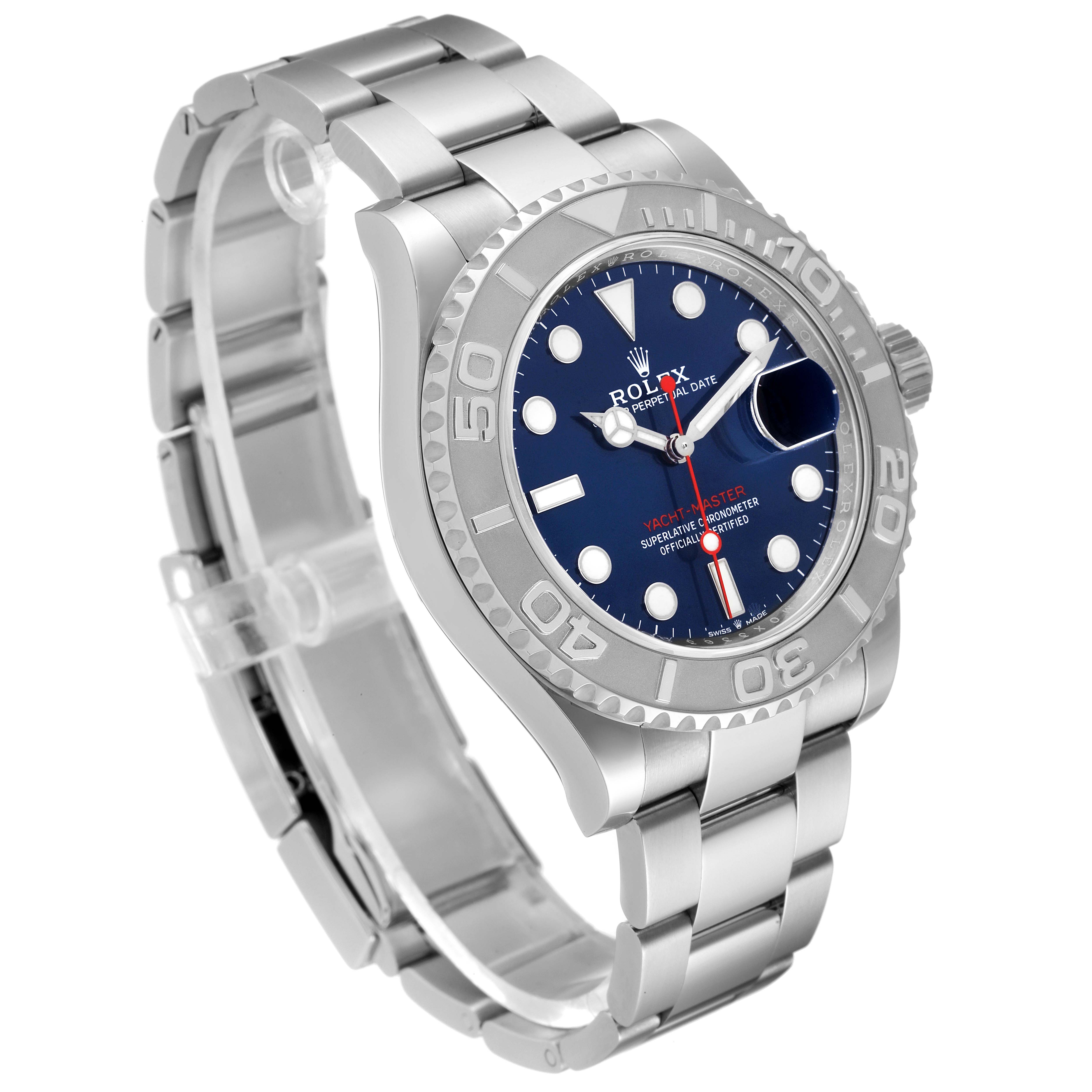 This image shows a side angle view of the Rolex Yacht-Master 126622 Men's Stainless Steel Blue Dial 126622 Men's Stainless Steel Blue Dial watch, highlighting the bezel, dial, and bracelet.