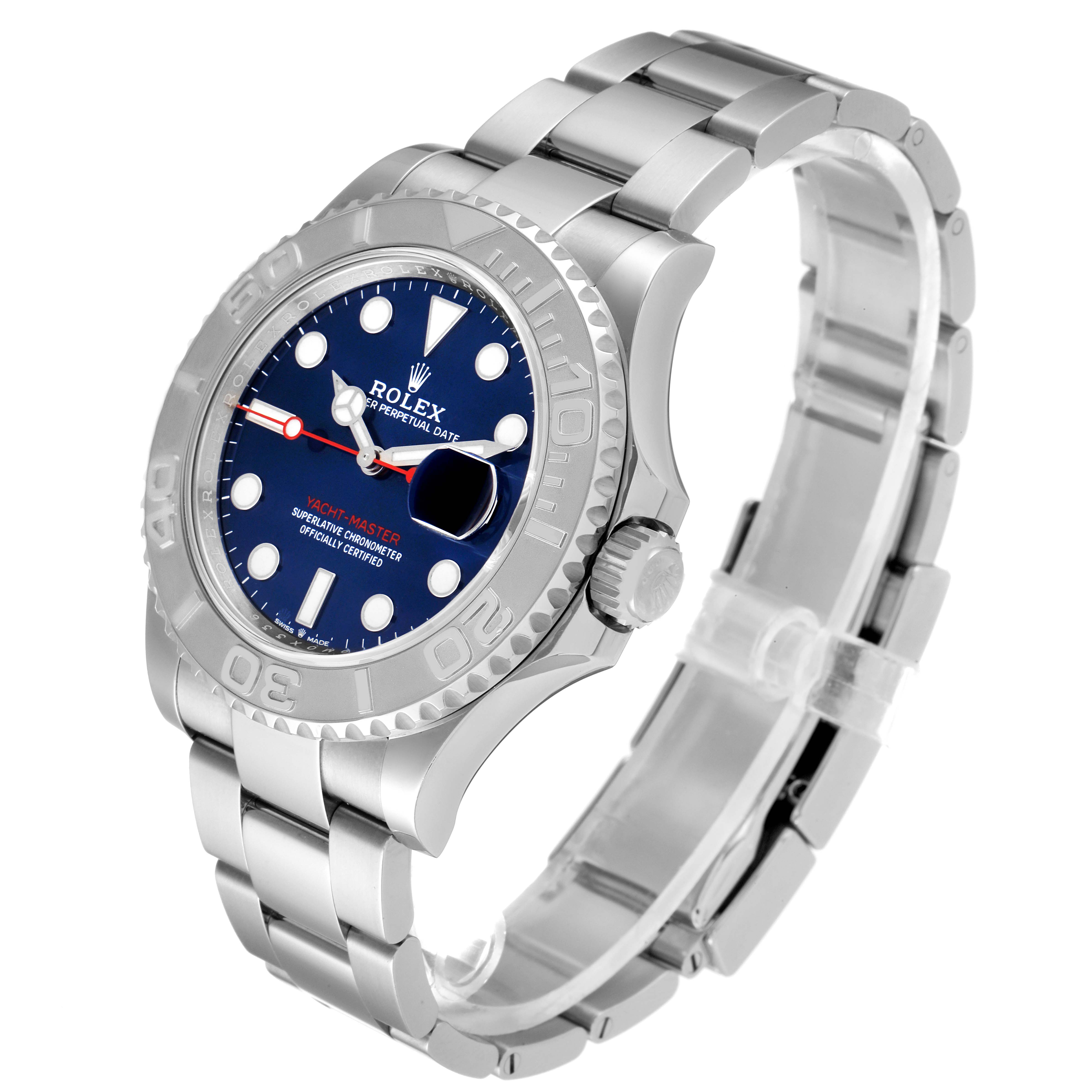 The image shows a side angle view of a Rolex Yacht-Master 126622 Men's Stainless Steel Blue Dial 126622 Men's Stainless Steel Blue Dial watch, highlighting the bracelet, bezel, and watch face.