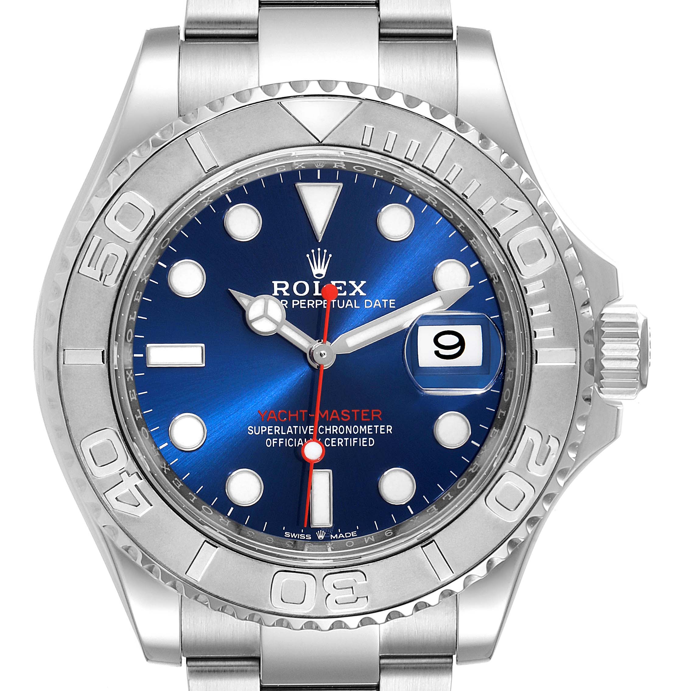 The Rolex Yacht-Master 126622 Men's Stainless Steel Blue Dial 126622 Men's Stainless Steel Blue Dial watch is shown from a front angle, highlighting its blue dial, bezel, and bracelet.