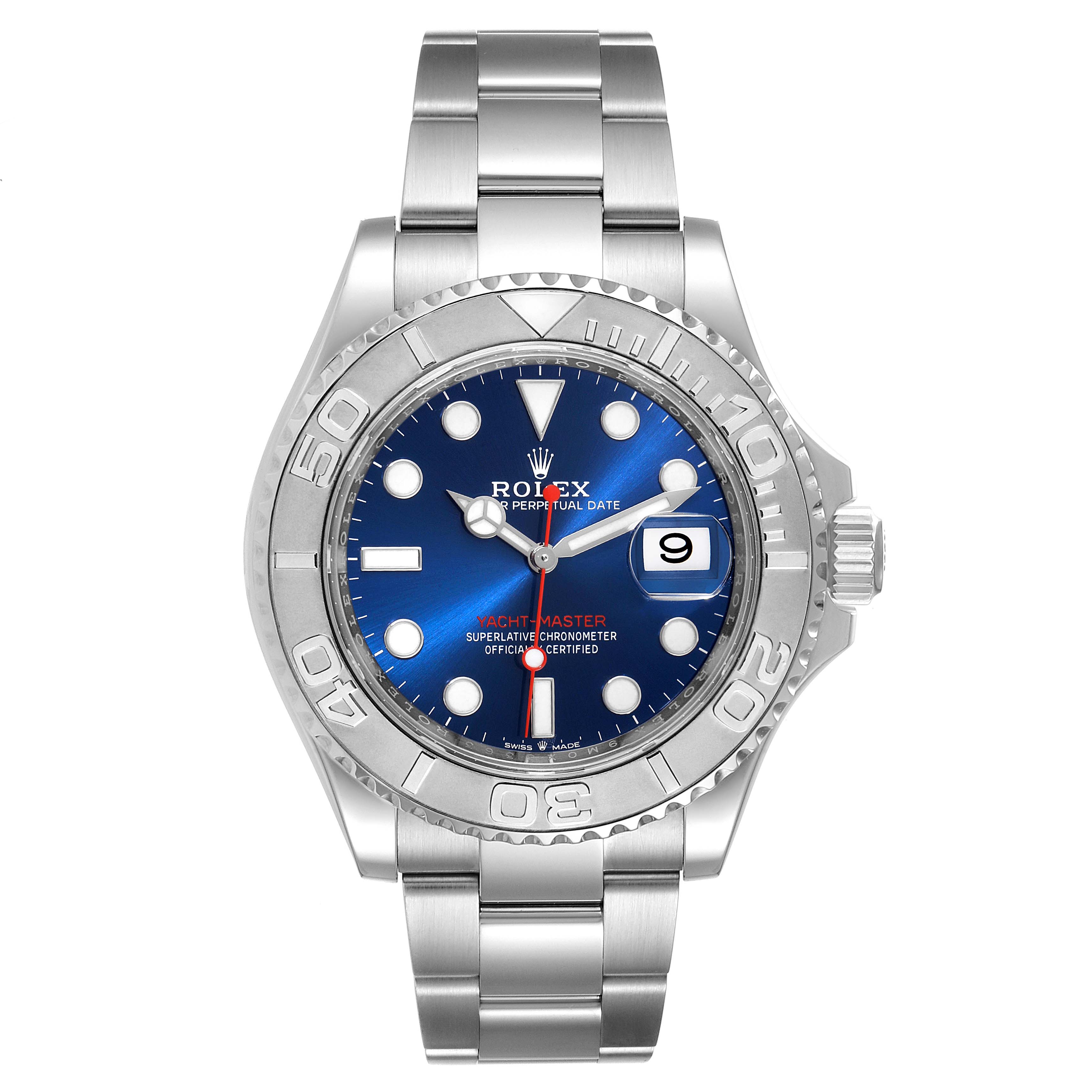 The image shows a frontal view of the Rolex Yacht-Master 126622 Men's Stainless Steel Blue Dial 126622 Men's Stainless Steel Blue Dial watch, highlighting its dial, bezel, bracelet, and crown.