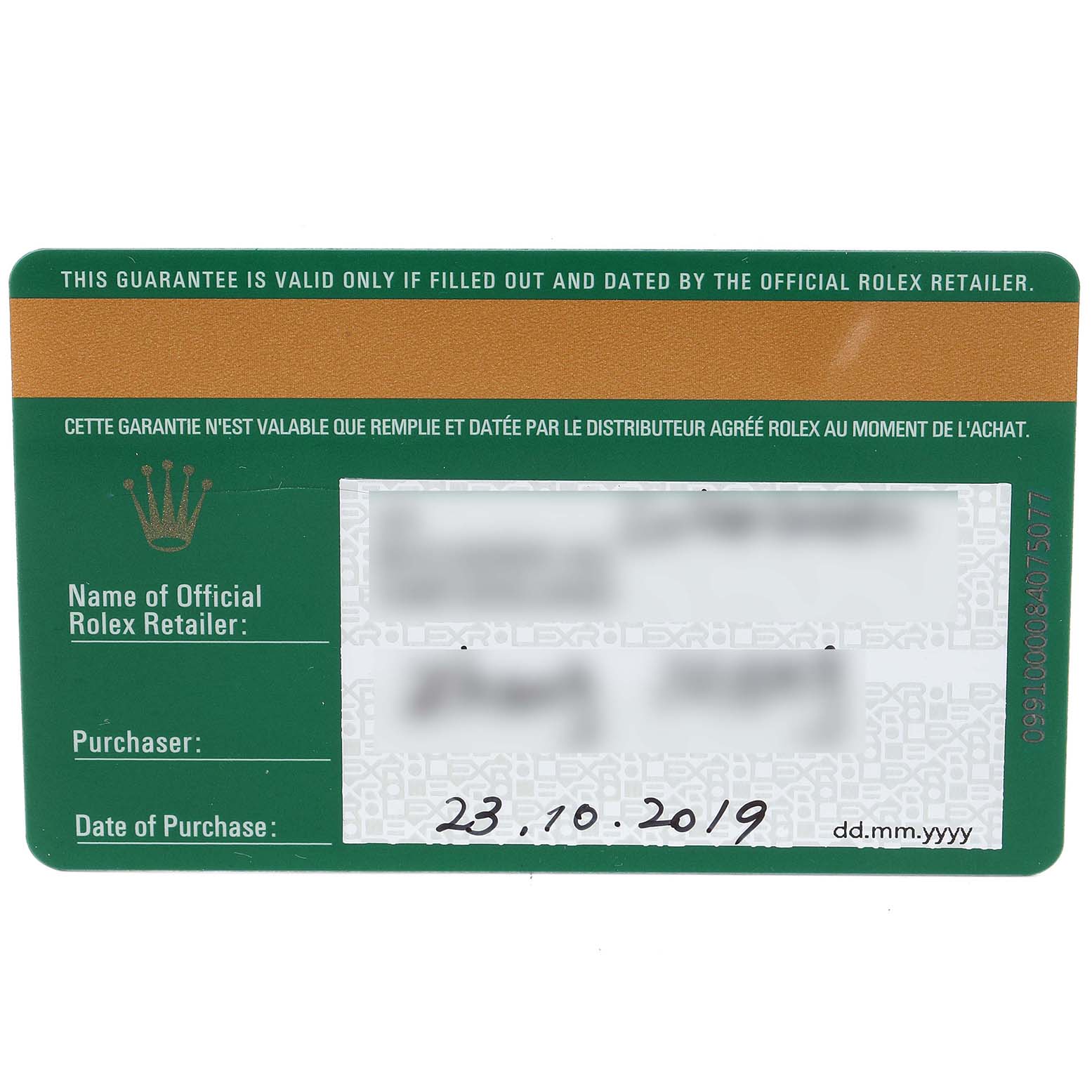 The image shows a warranty card for a Rolex Yacht-Master 126622 Men's Stainless Steel Blue Dial 126622 Men's Stainless Steel Blue Dial watch, displaying the purchase details and official retailer information.