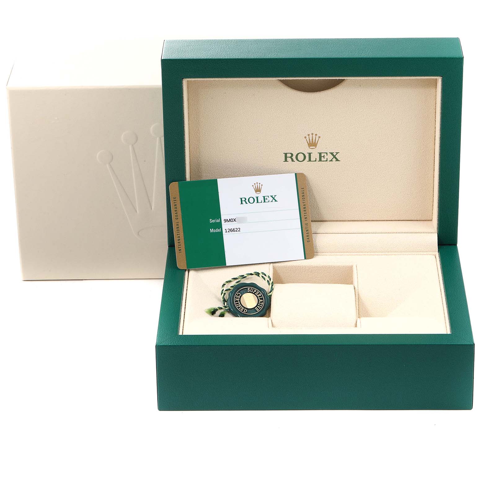 The image shows the packaging, authenticity card, and tag for a Rolex Yacht-Master 126622 Men's Stainless Steel Blue Dial 126622 Men's Stainless Steel Blue Dial watch.